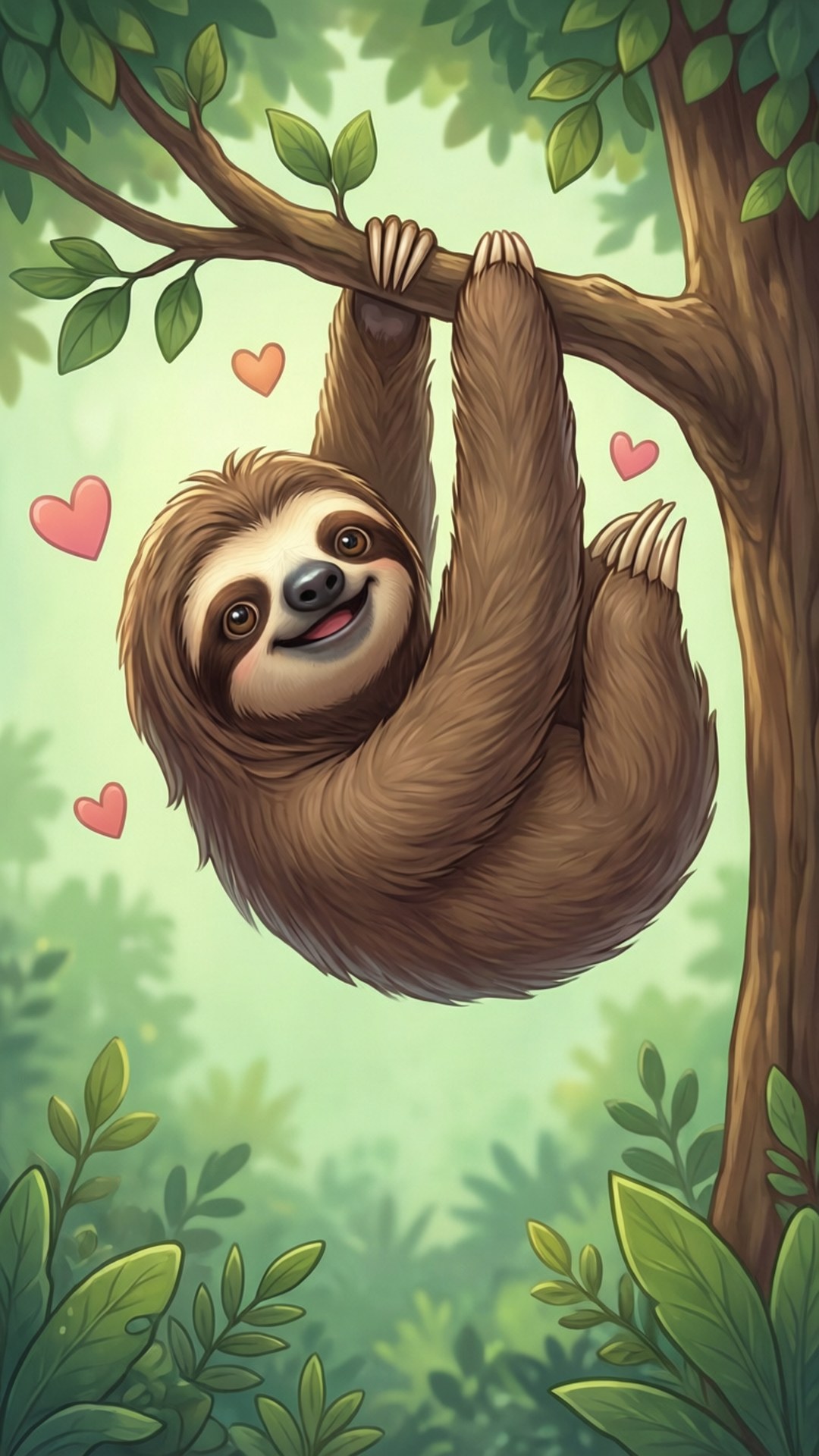 Kawaii Sloth Hanging 壁紙 — 一隻快樂的卡通樹懶掛在樹枝上，周圍漂浮著粉紅色的愛心，背景是茂密的綠色森林。