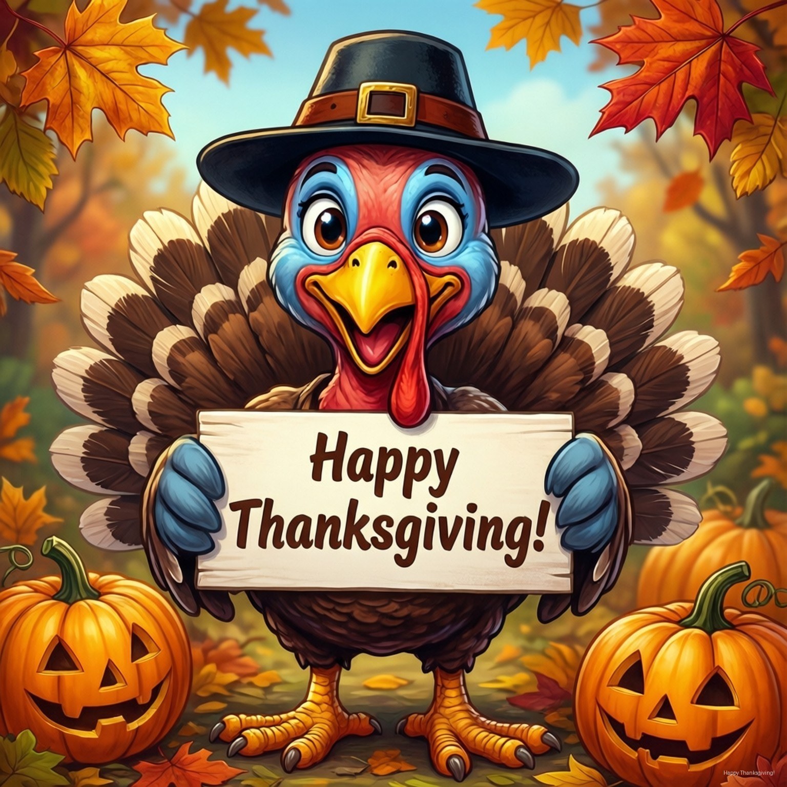 Cheerful Turkey Greeting 壁紙 — 一隻戴著朝聖者帽子的快樂卡通火雞，手持寫有「Happy Thanksgiving」的標語，周圍有南瓜燈和秋葉。