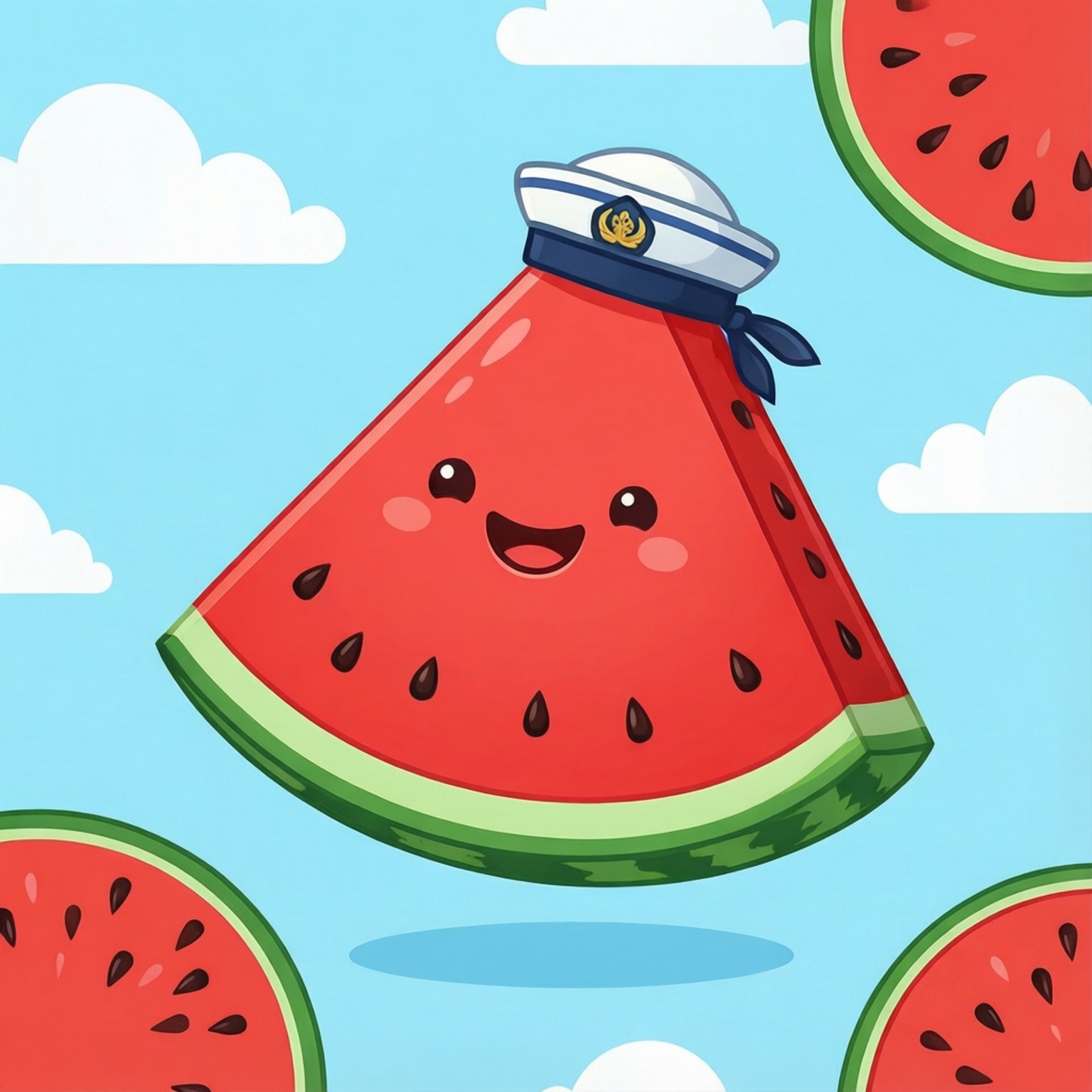 Watermelon Sailor 壁紙 — 一塊戴著水手帽的開心卡通西瓜片，漂浮在其他西瓜片中，背景是藍天白雲。