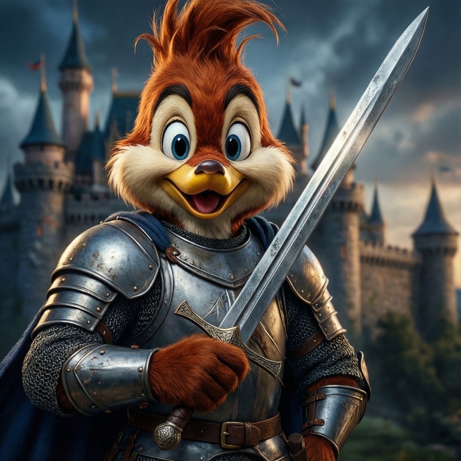 Woody the Brave Knight 壁紙 — 一隻快樂的卡通啄木鳥，身穿閃亮銀色盔甲，在暴風雨的天空下，在哥德式城堡前揮舞著劍。