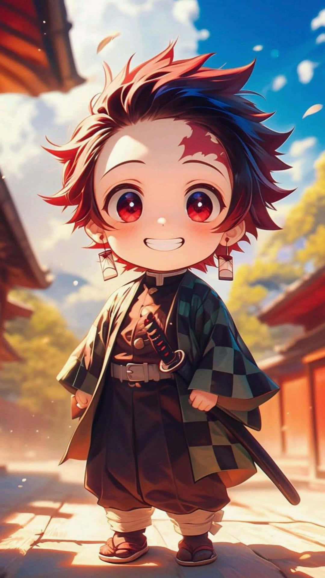  壁紙 — 一個開心的Q版動漫男孩，紅眼睛、刺蝟頭，穿著傳統日本服裝，在明亮的藍天下微笑著手持一把劍。