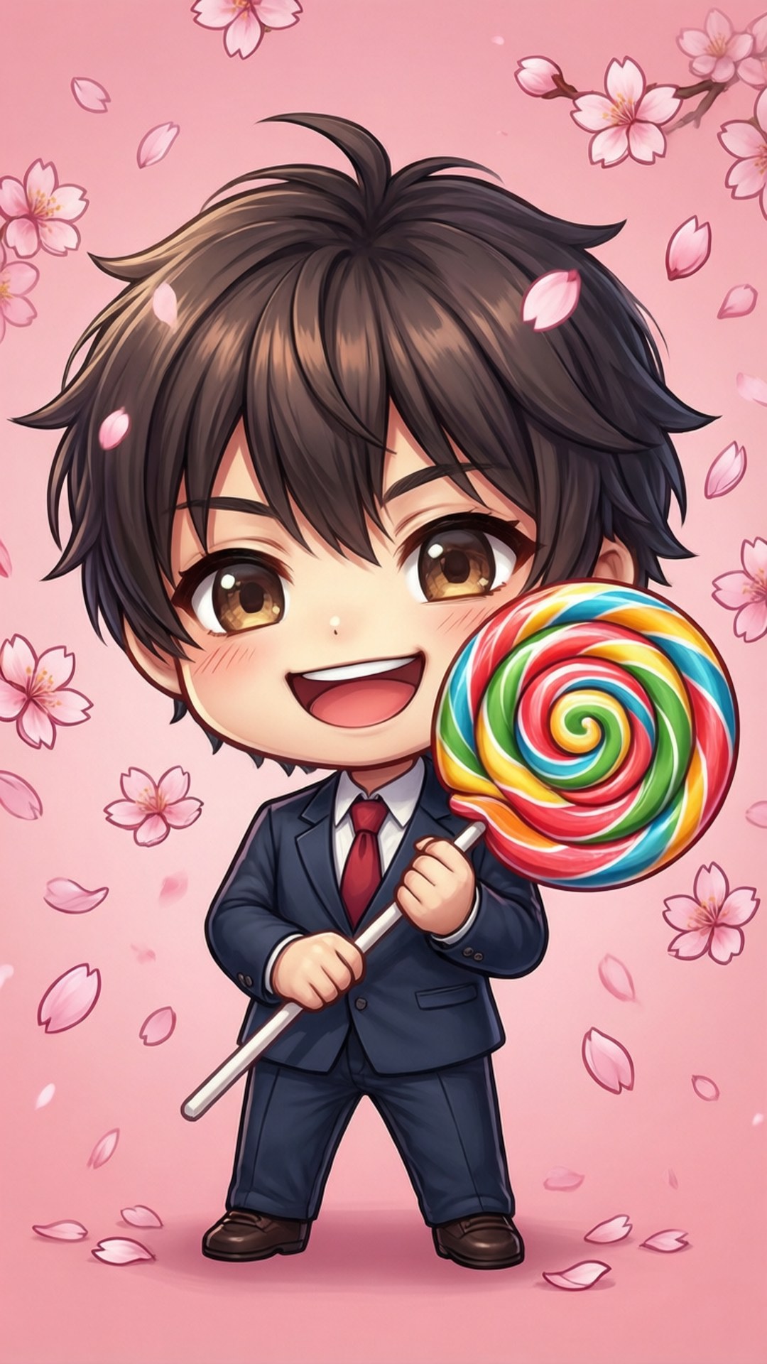 Sweet Treat 壁紙 — 一個穿著西裝的開心Q版男孩在粉紅色背景上，在飄落的櫻花中拿著一個巨大的彩虹棒棒糖。
