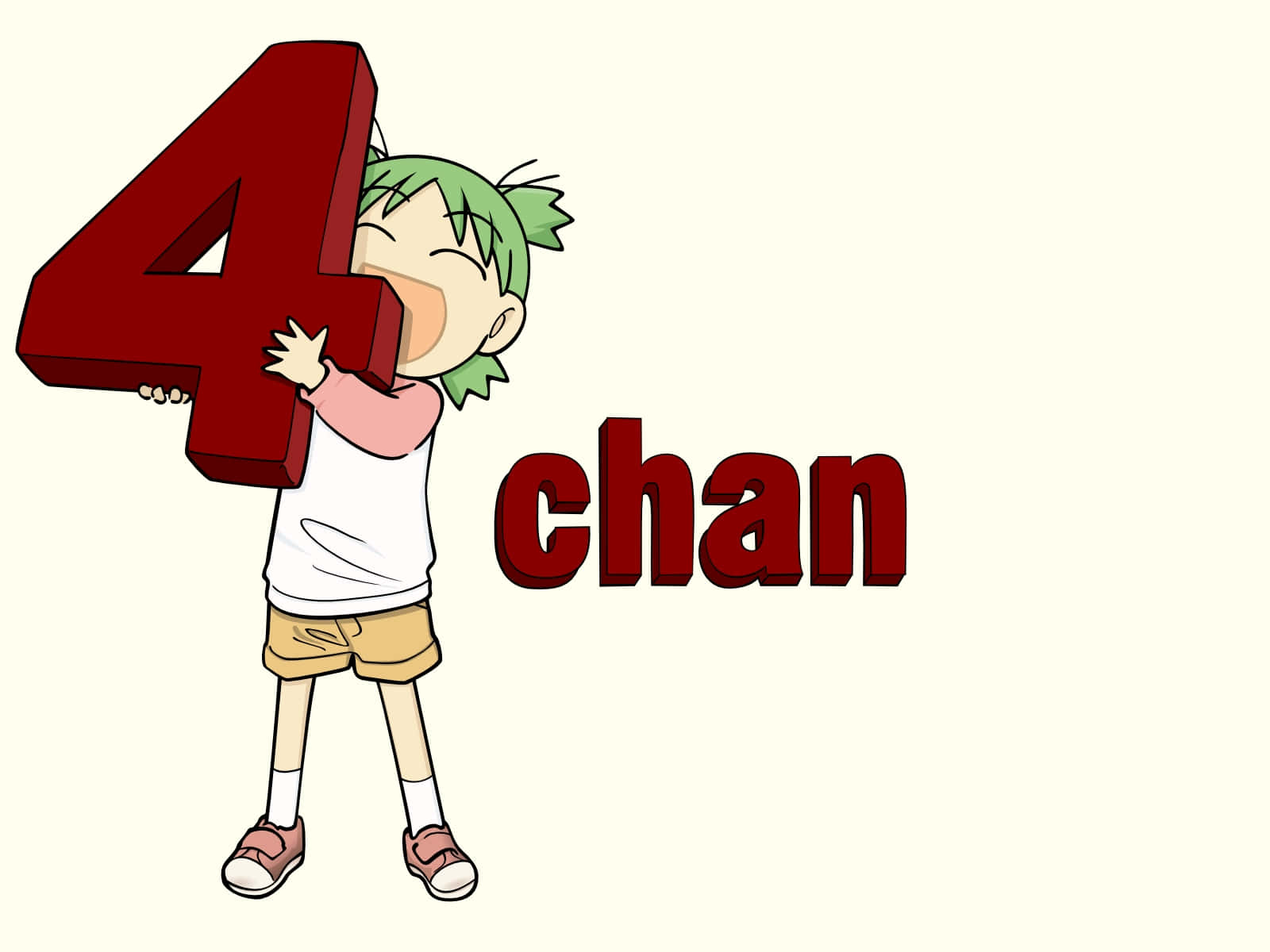  壁紙 — 一個開心的綠髮動漫女孩抱著一個巨大的紅色數字四，旁邊有「chan」文字。