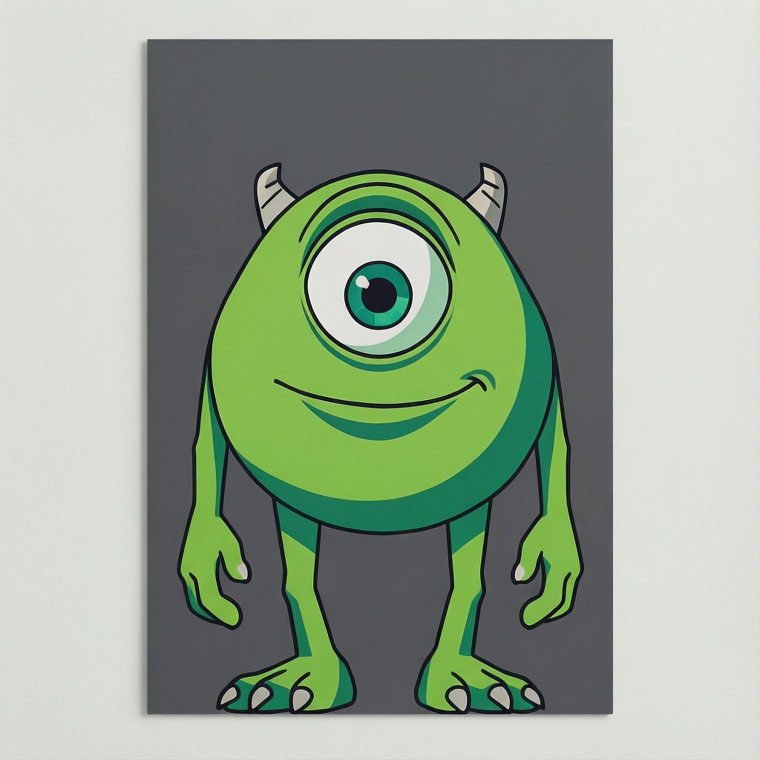 Minimalist Mike 壁紙 — 一隻快樂的綠色單眼怪物，有小角和寬闊的笑容，站在純灰色背景前。