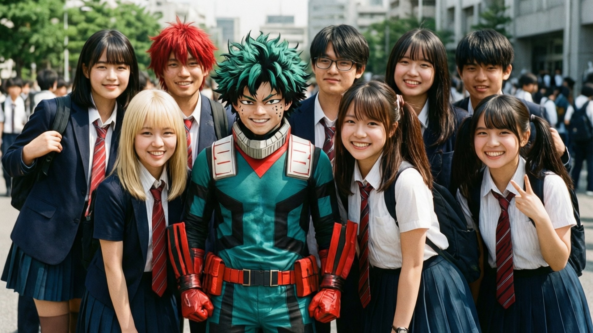 Class 1-A Assembly 壁紙 — 一群穿著校服的開朗日本學生與一個穿著精細綠色和紅色超級英雄服裝的人合影。