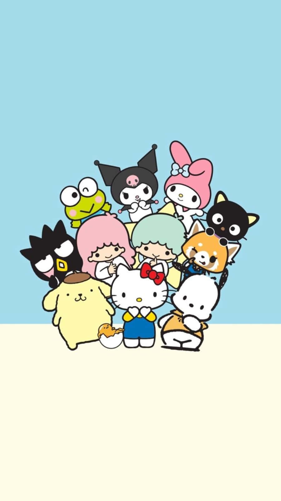 一群Sanrio角色在粉彩背景上一起微笑。 — Hello Kitty 壁紙