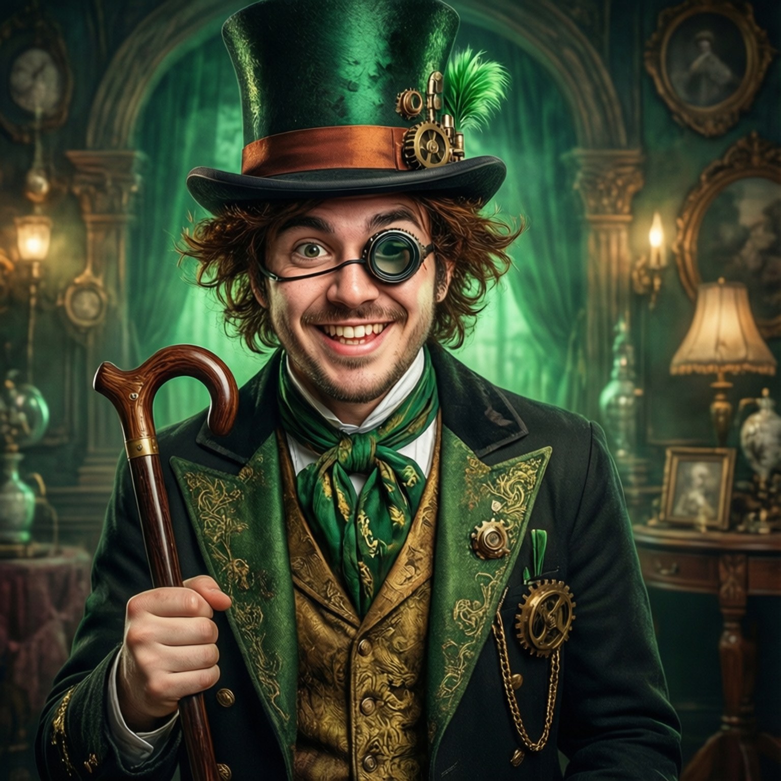 Steampunk Jack 壁紙 — 一個快樂的男人戴著綠色高帽，帽上有齒輪和羽毛，微笑著在昏暗的復古書房裡拿著手杖。