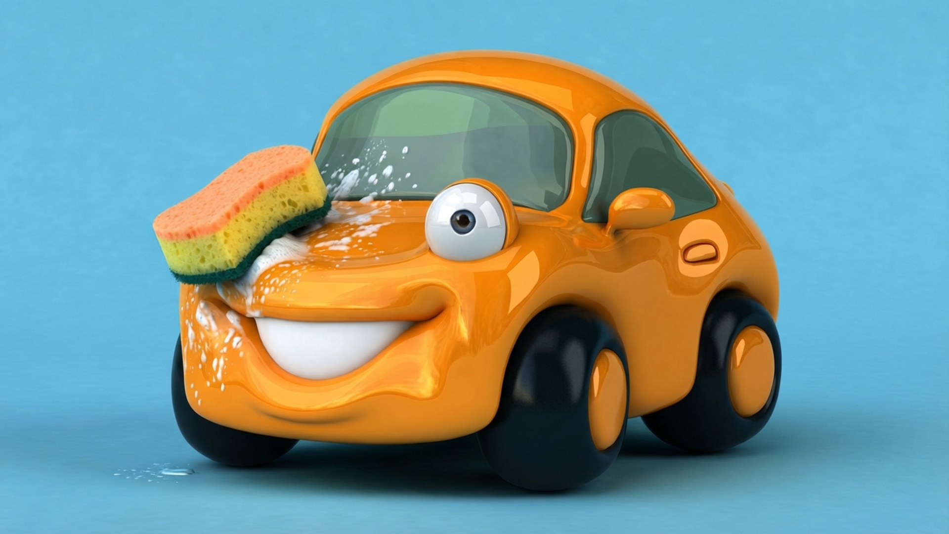 Cartoon Car Wash Fun 壁紙 — 一輛開心的橙色卡通車，帶著大大的笑容和一隻眼睛，正在藍色背景上用黃色海綿清洗。