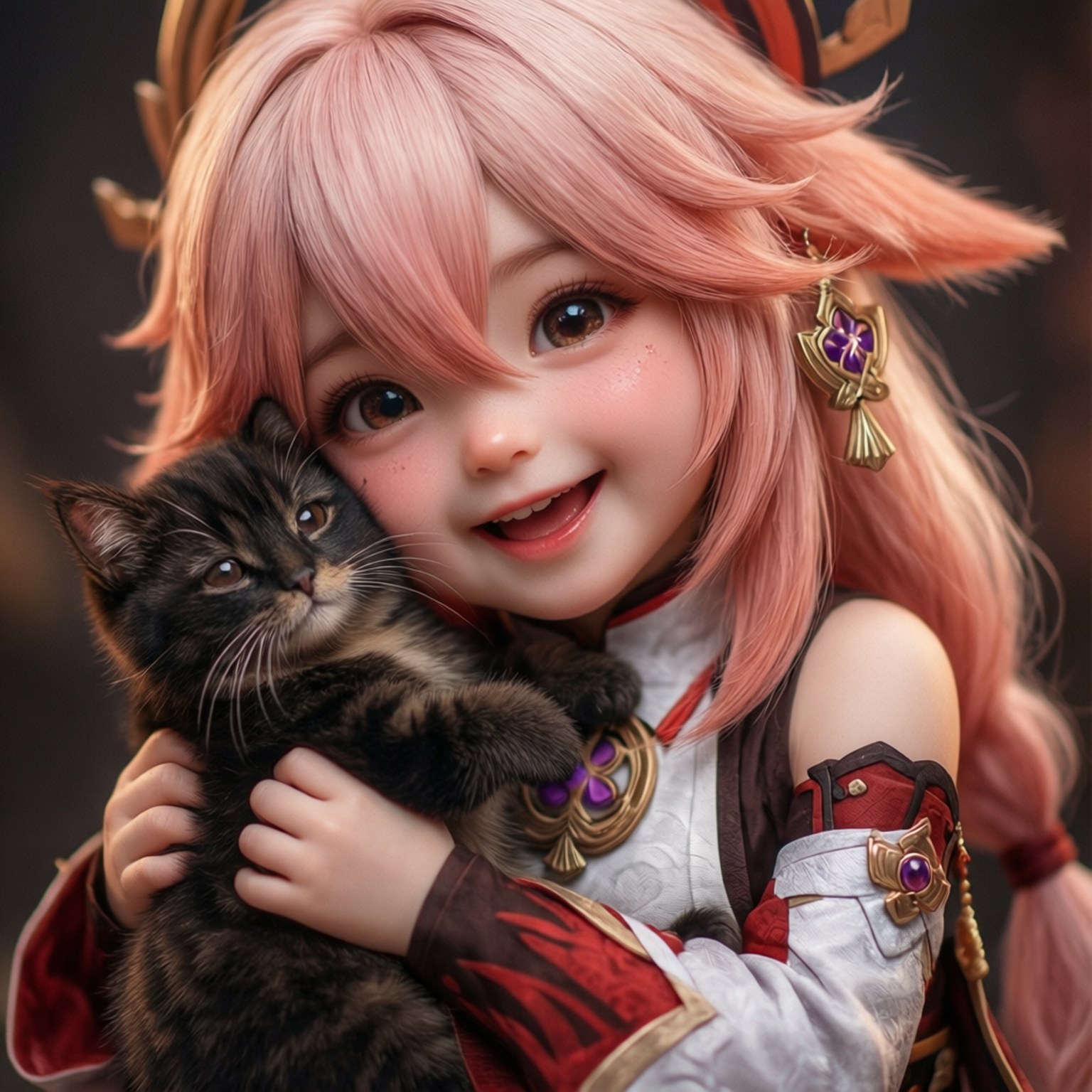 Cuddle with Guoba 壁紙 — 一個開心的粉紅色頭髮動漫女孩，穿著華麗的紅色和白色盔甲，緊緊抱著一隻毛茸茸的深色虎斑小貓。