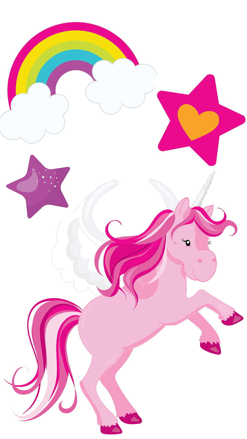  壁紙 — 一隻快樂的粉紅色有翼獨角獸，飄逸的鬃毛，在鮮豔的彩虹和閃爍的星星下跳躍。