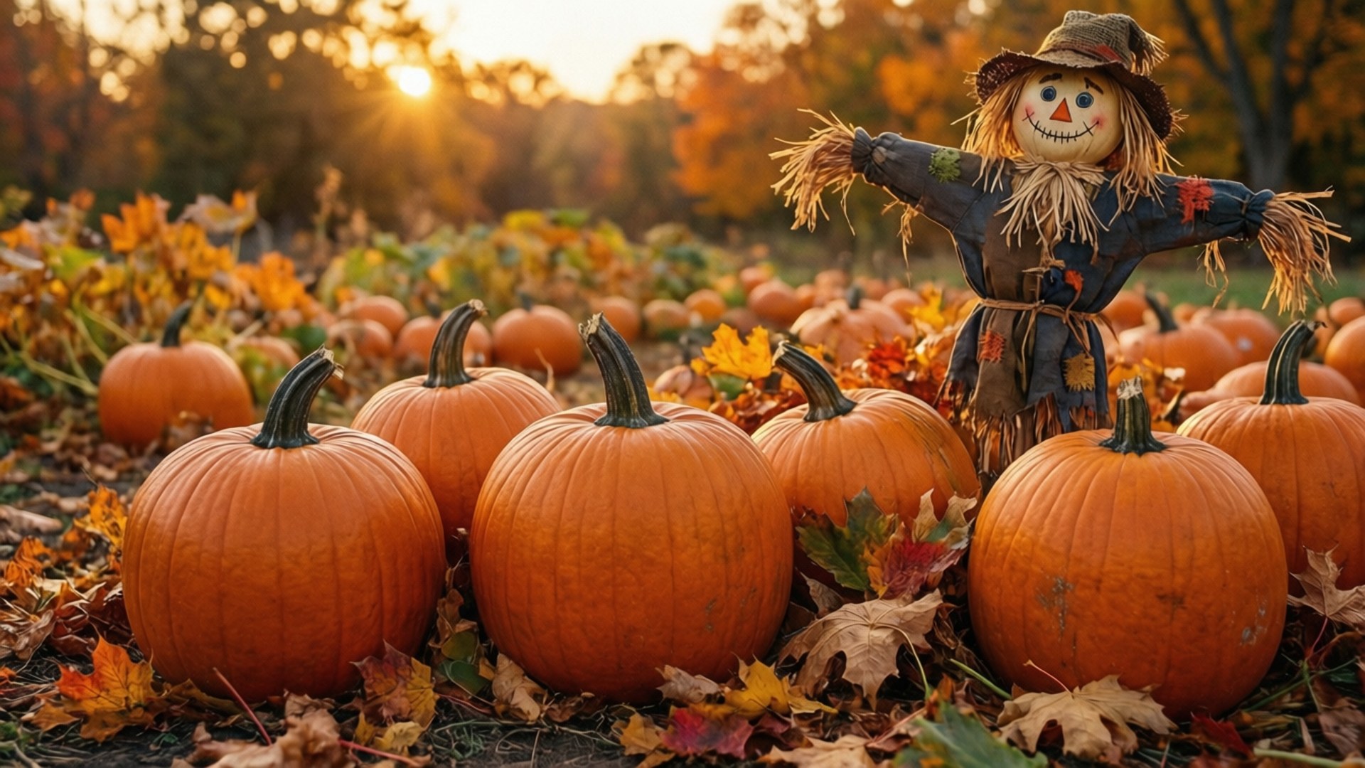 Autumn Bounty 壁紙 — 一個開心的稻草人在金色秋日落日下守護著豐收的橙色南瓜。