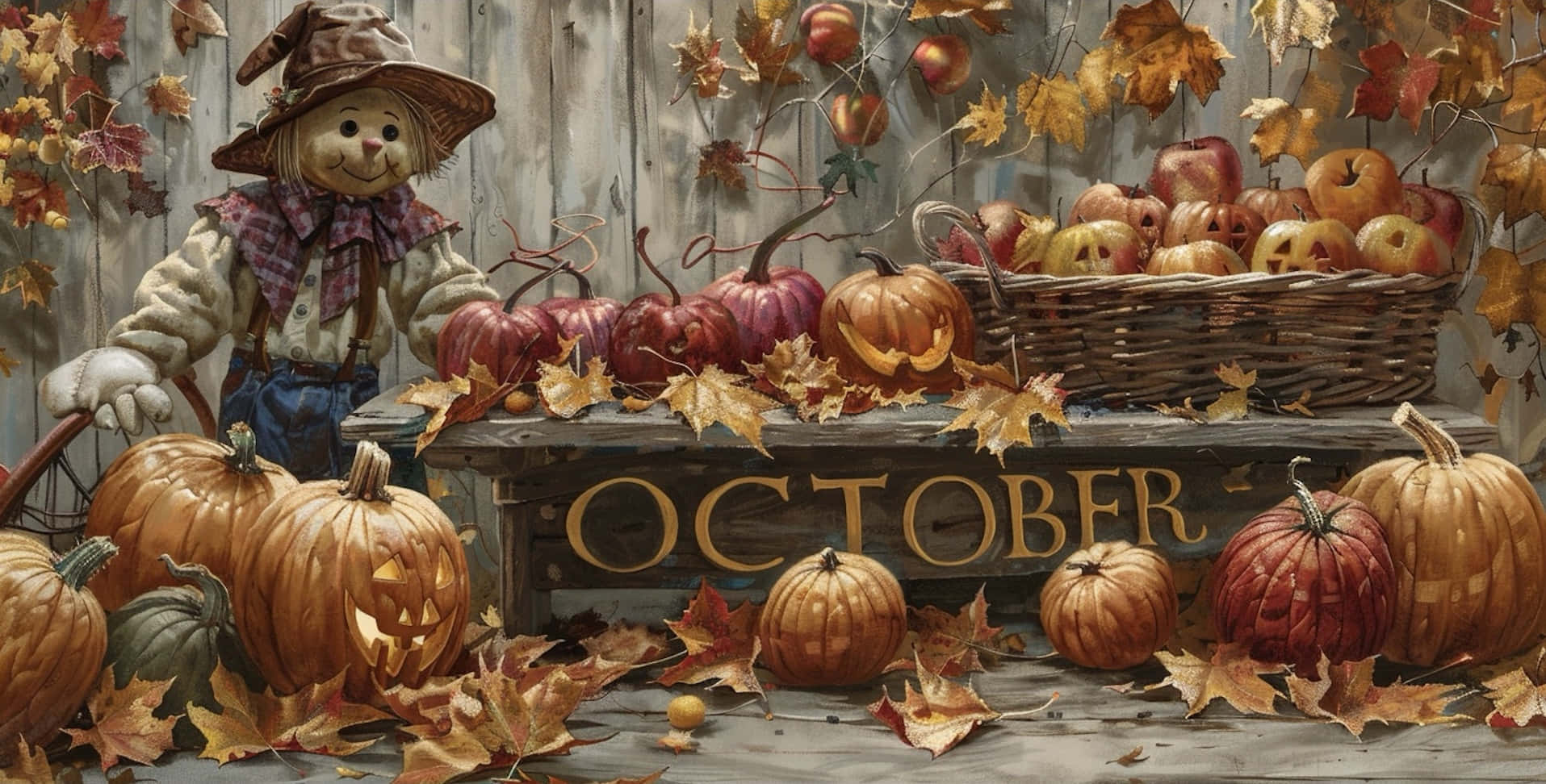 October Desktop 桌布 壁紙 — 一個開心的稻草人站在一張木桌旁，桌上堆滿了南瓜和蘋果，背景是飄落的秋葉。