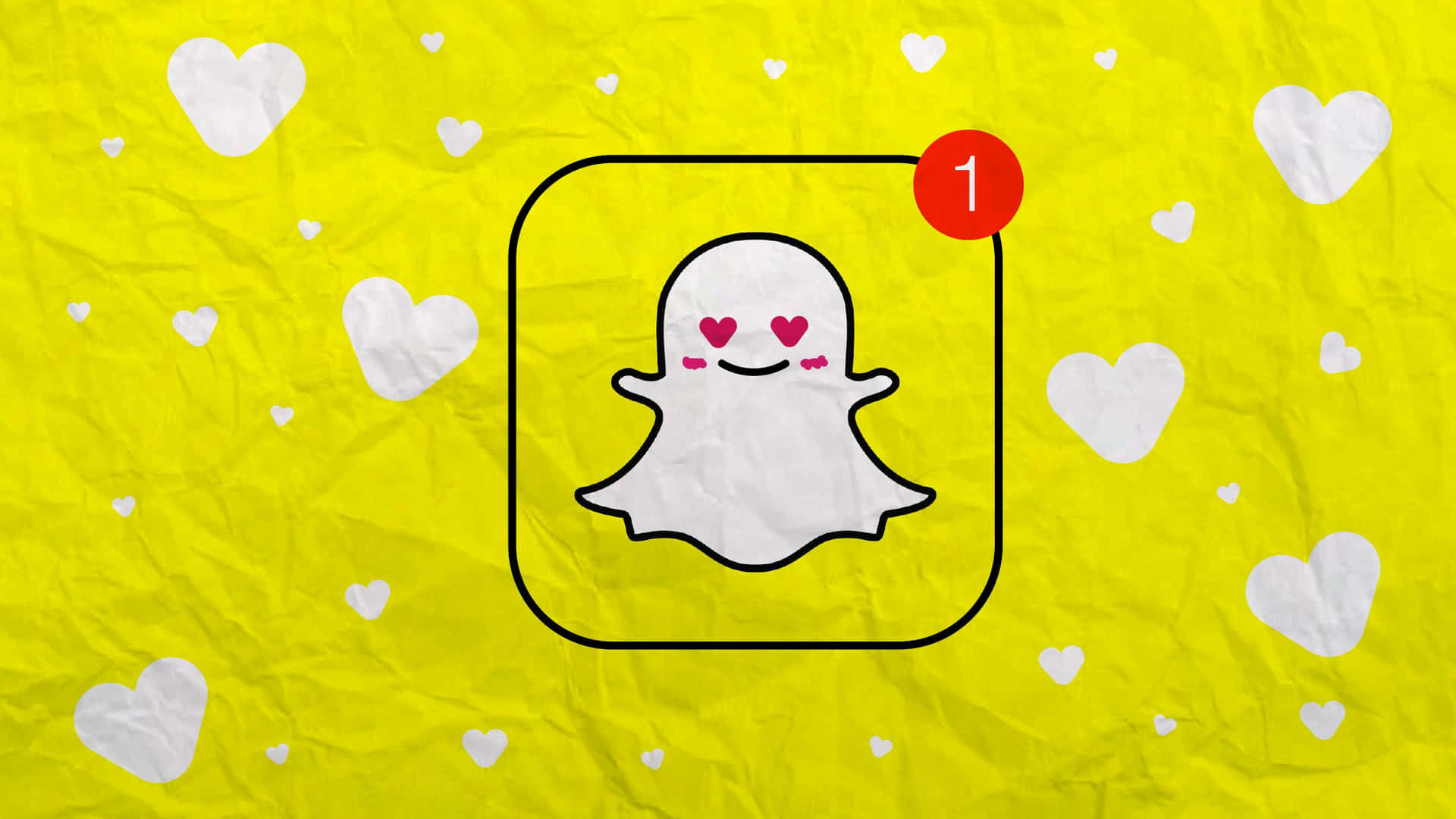  壁紙 — 一個開心的Snapchat鬼魂圖示，心形眼睛，坐在一個佈滿白色心心的皺黃色背景上。