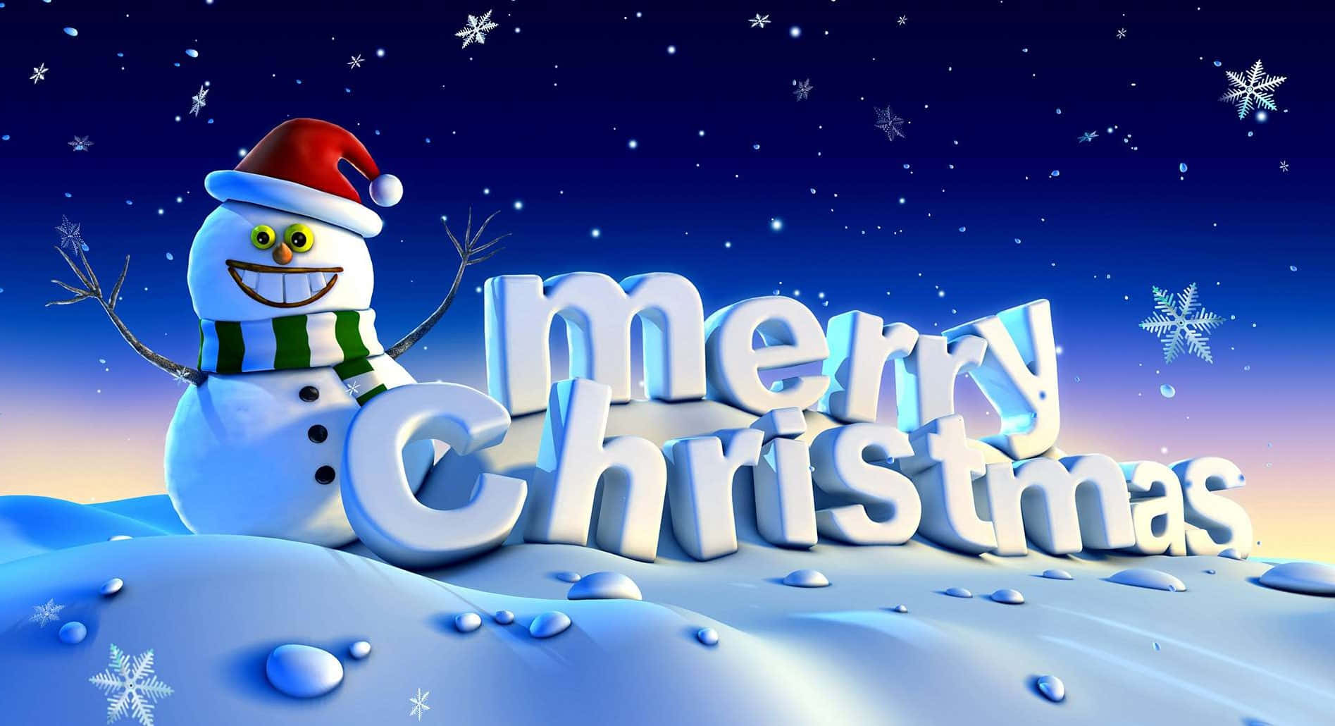  壁紙 — 一個戴紅帽和綠圍巾的快樂雪人站在閃爍的3D「聖誕快樂」字母旁邊，背景是星空雪夜。