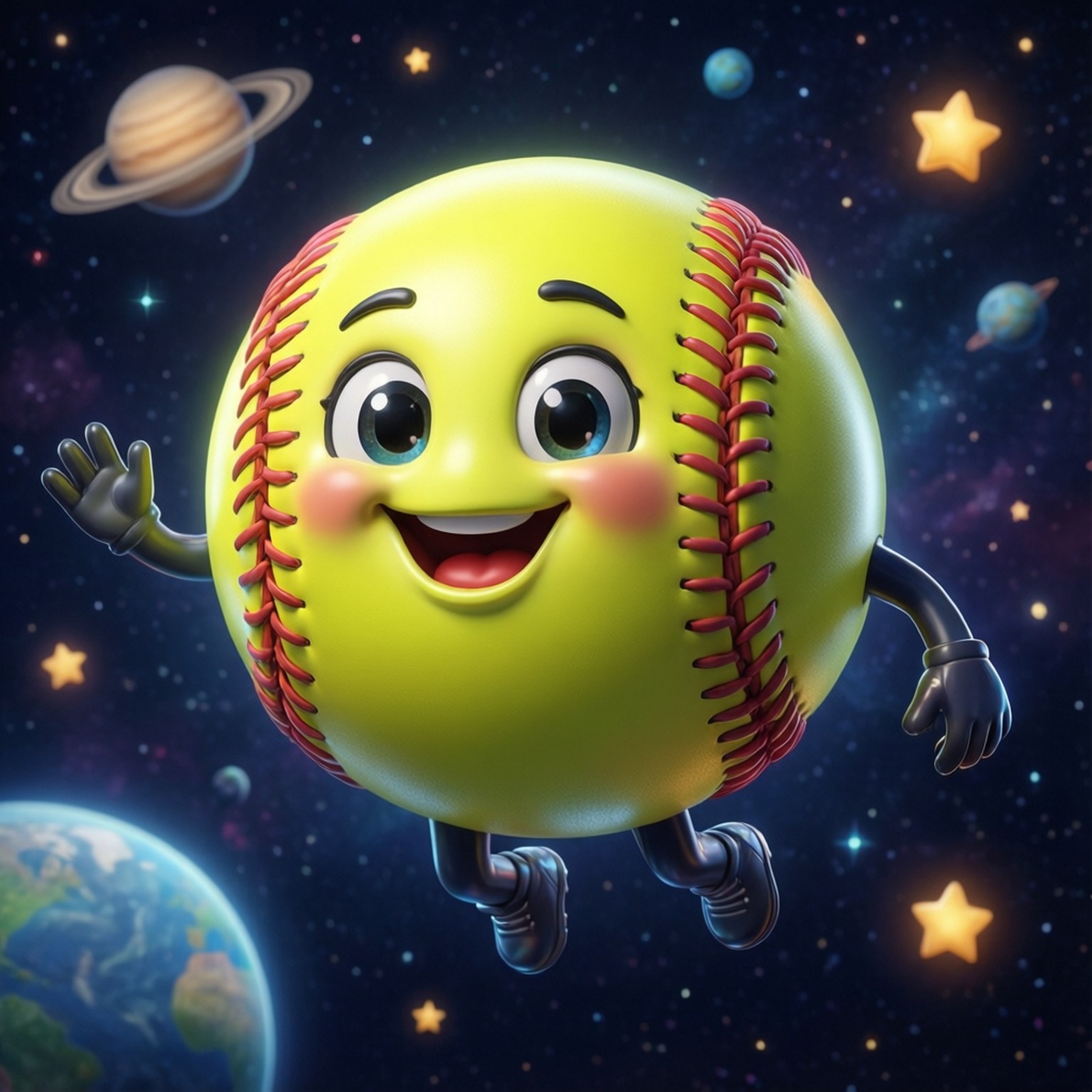 Cute Softball in Space 壁紙 — 一個帶有紅色縫線的快樂黃色壘球在太空中愉快地漂浮，在土星和地球附近揮手。