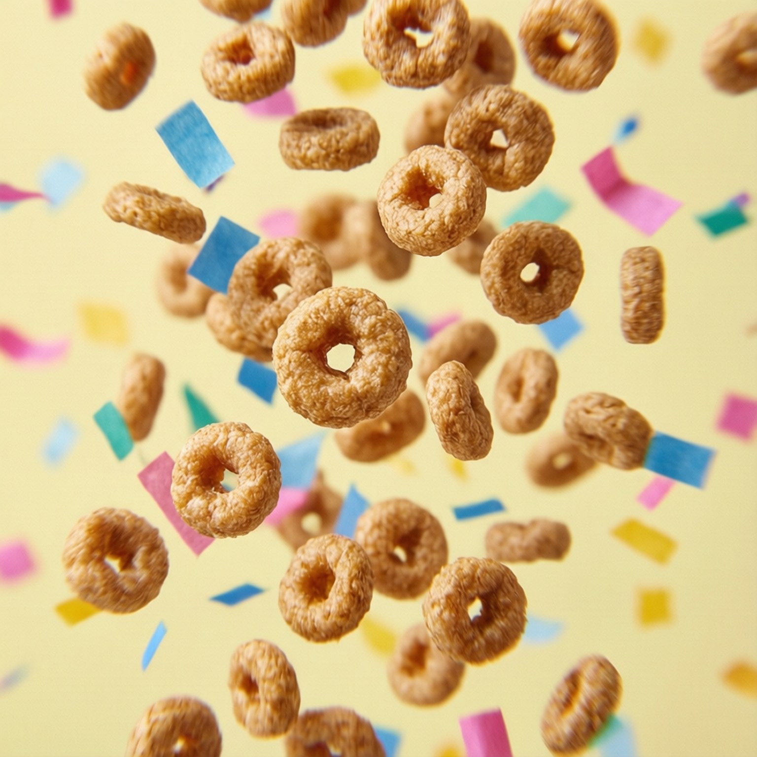 Cheerios彩紙 壁紙 — 金色穀物圈和彩色紙屑在柔和的黃色背景上動態漂浮。