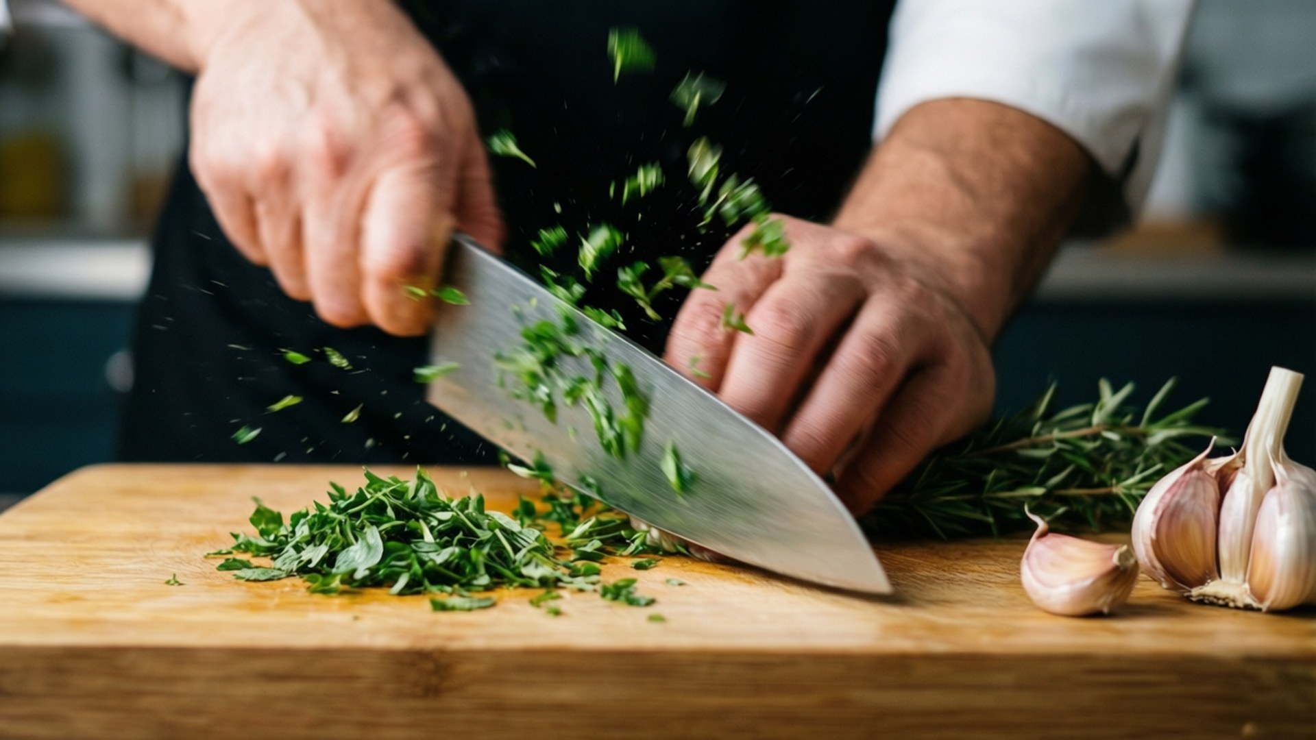 Chopping Herbs and Garlic 壁紙 — 廚師的手在木砧板上快速切碎新鮮綠色香草，旁邊有大蒜和迷迭香。