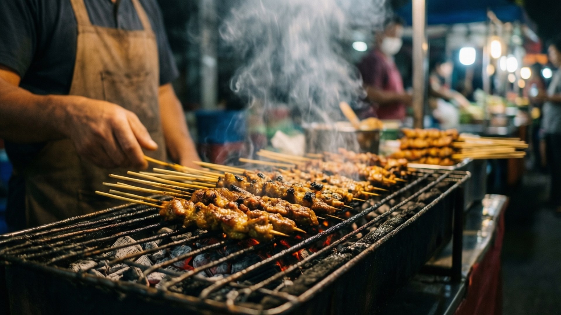 Street Food Satay 壁紙 — 廚師在熱鬧的夜市攤位上，用發光的炭火烤著嘶嘶作響的肉串，蒸氣升騰。