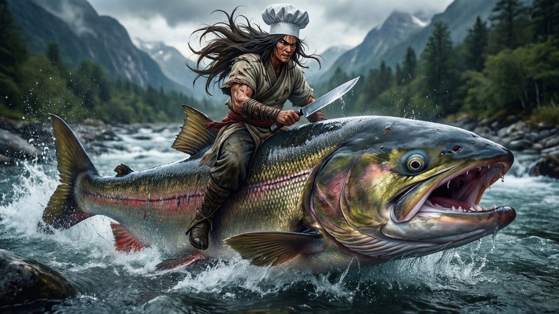 Soma's Salmon Ride 壁紙 — 一位廚師拿著刀騎著一條跳躍的鮭魚穿過一條有松樹林和霧氣山峰的山間河流。