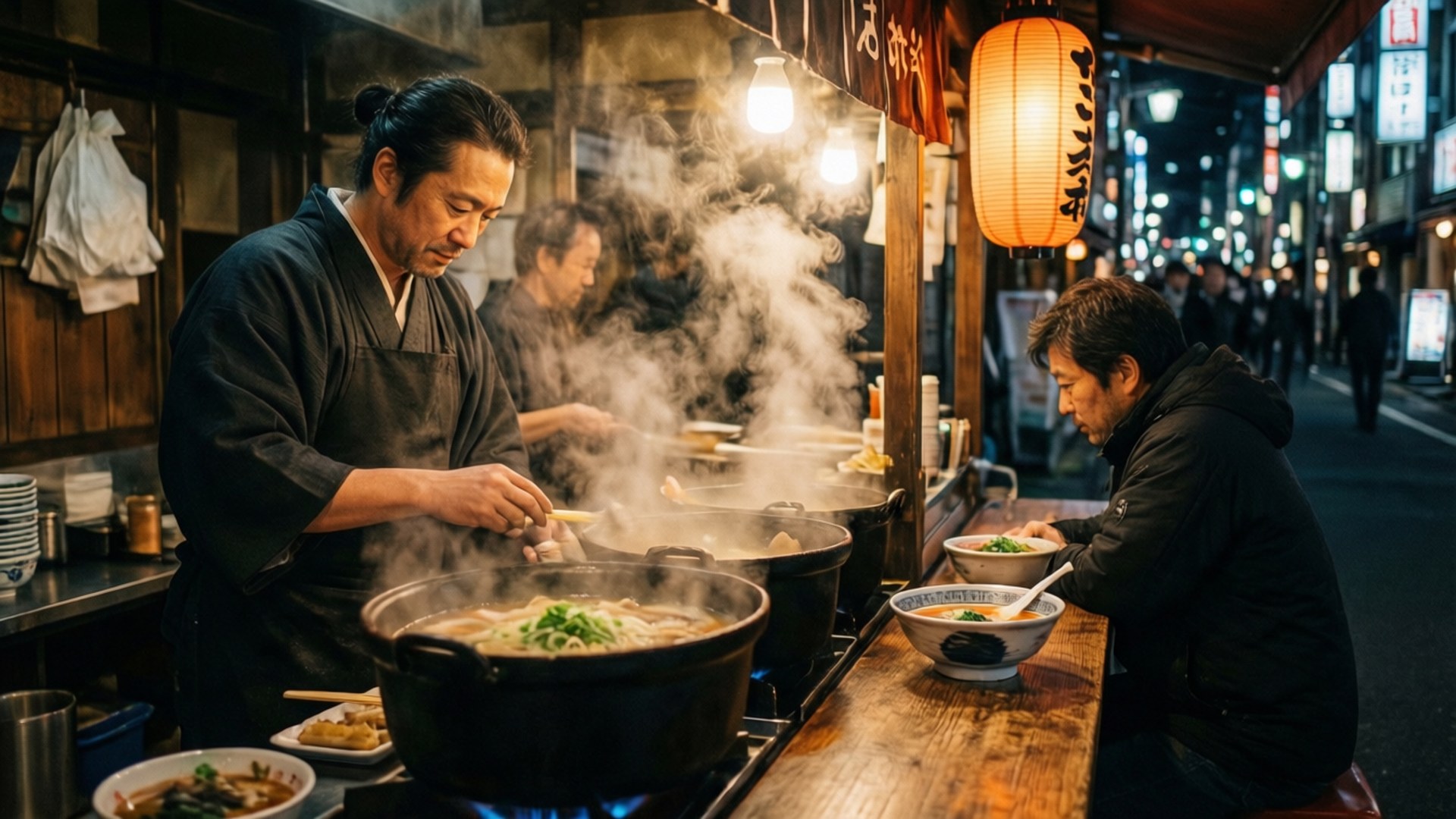 桌布 壁紙 — 一位穿著傳統服飾的廚師在日本熱鬧的夜市小吃攤為顧客提供熱騰騰的拉麵。