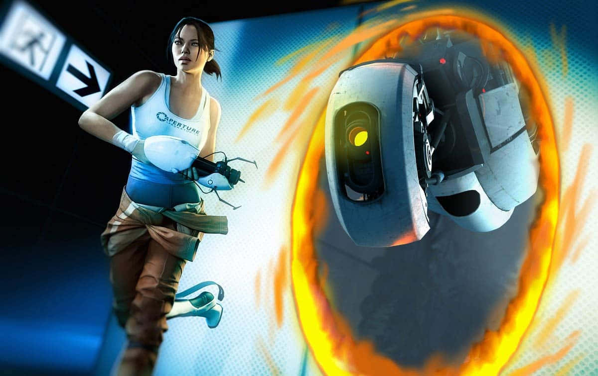 Portal Characters 桌布 壁紙 — Chell 在一個高科技實驗室環境中與一個白色機器人同伴一起穿過一個發光的橙色傳送門。