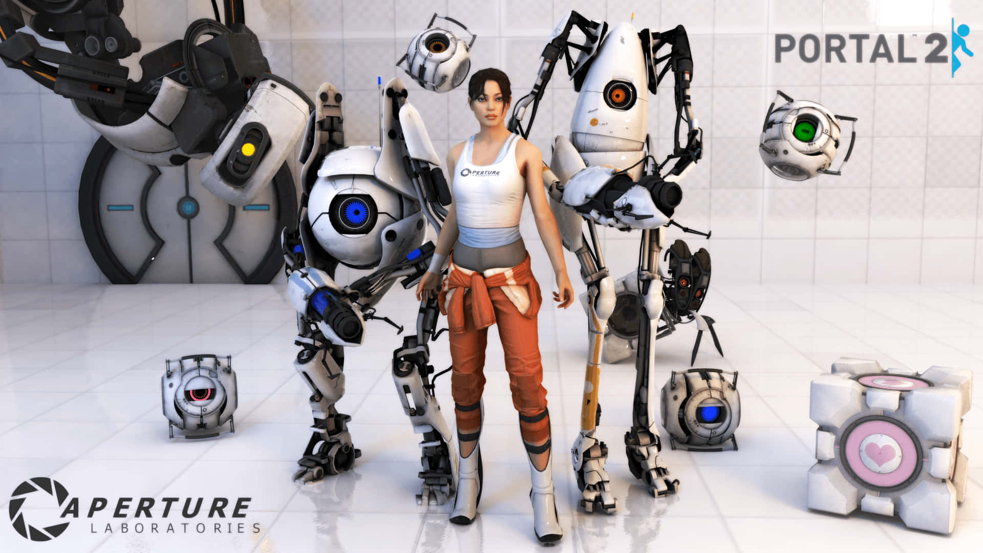 傳送門 桌布 壁紙 — Chell 自信地站在Aperture Laboratories，被Portal 2中的各種機器人同伴包圍。