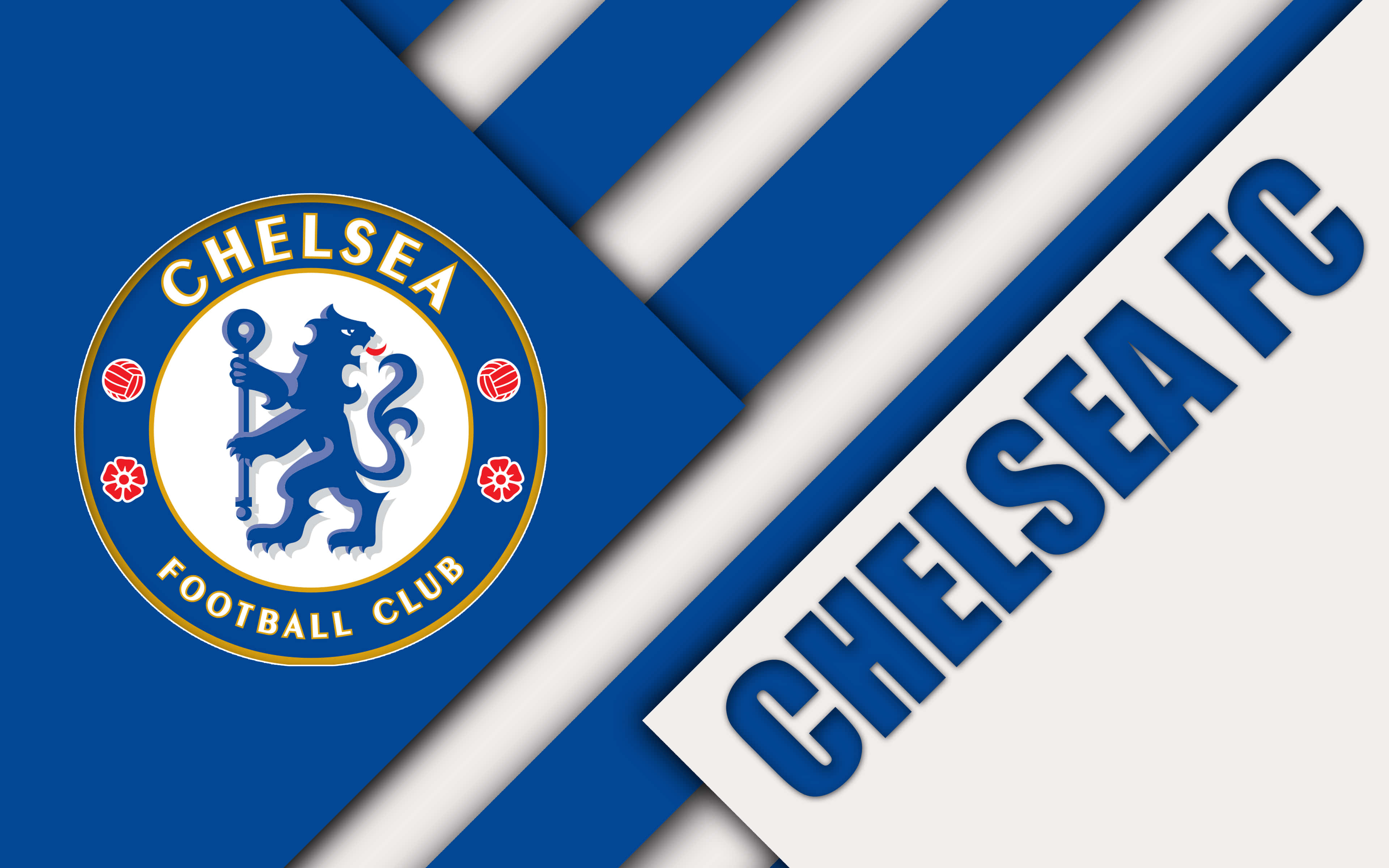 切爾西 桌布 壁紙 — Chelsea FC 標誌和文字，背景為大膽的藍白斜紋條紋。