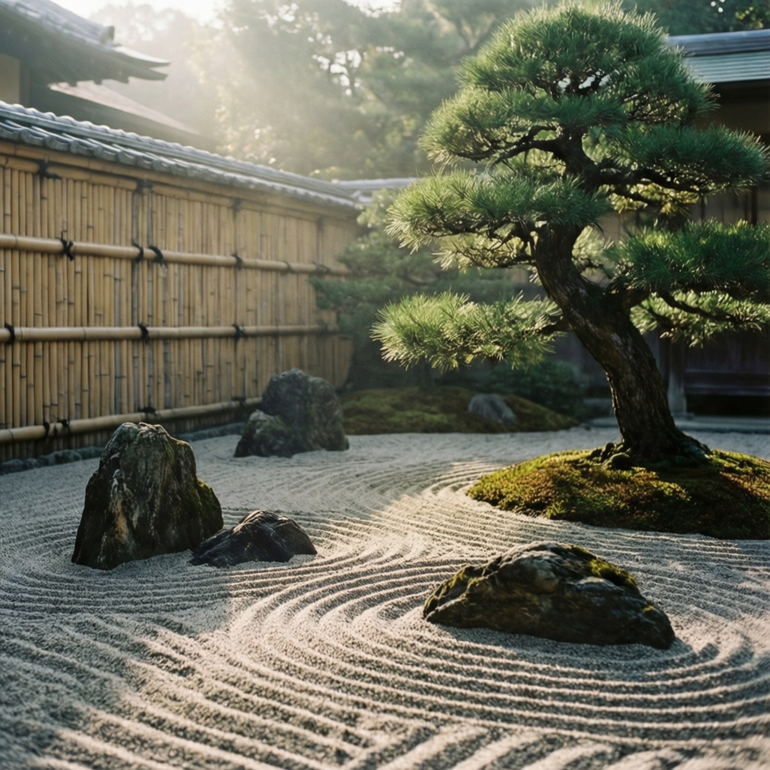 Zen Garden Morning 壁紙 — 陽光穿過樹木，灑落在一個精心耙過的禪意花園中，有深色岩石和一棵彎曲的松樹。
