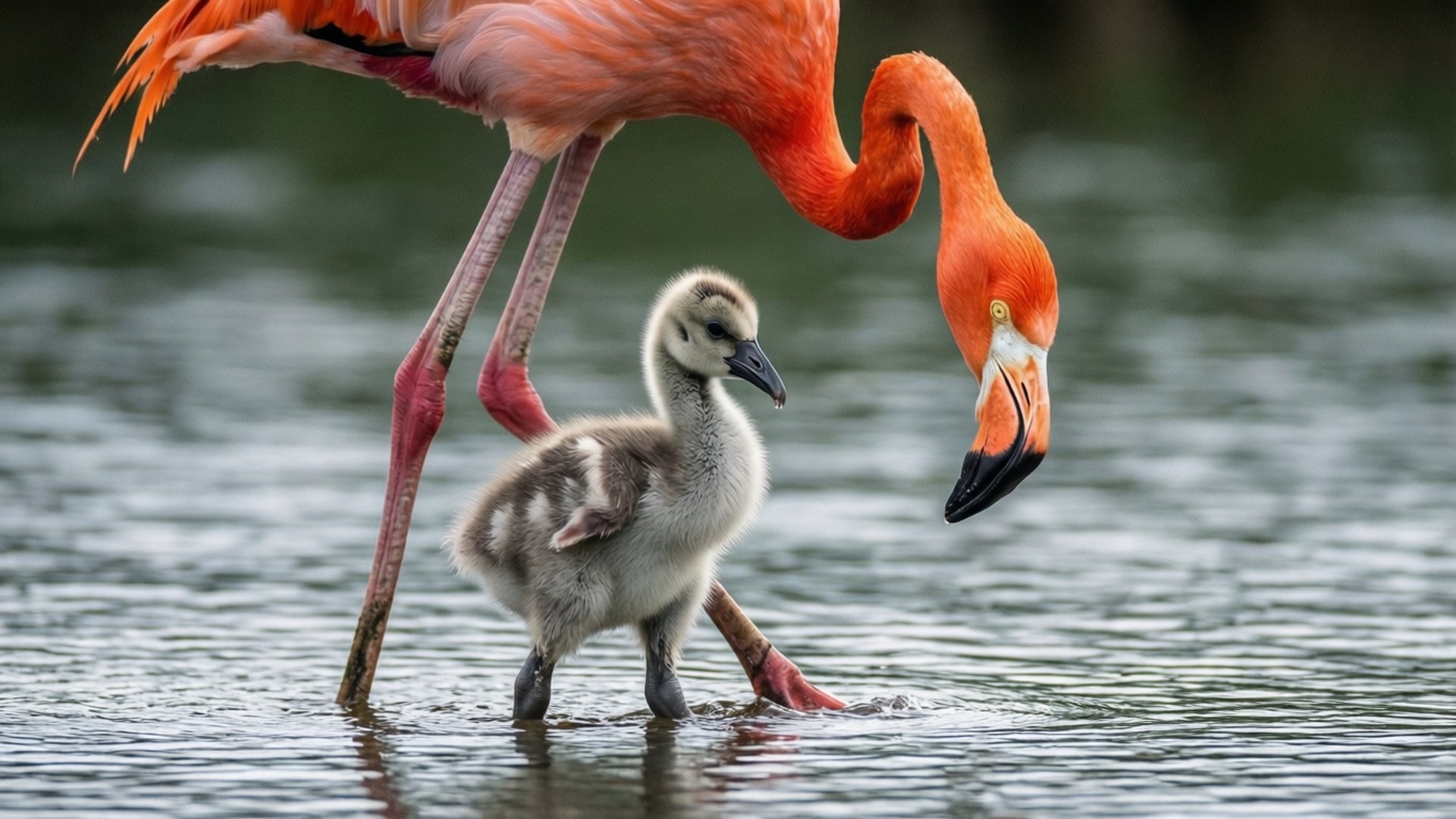 Mother and Child 壁紙 — 一隻充滿活力的成年紅鶴彎下腰，輕蹭站在淺水中的毛茸茸灰色雛鳥。