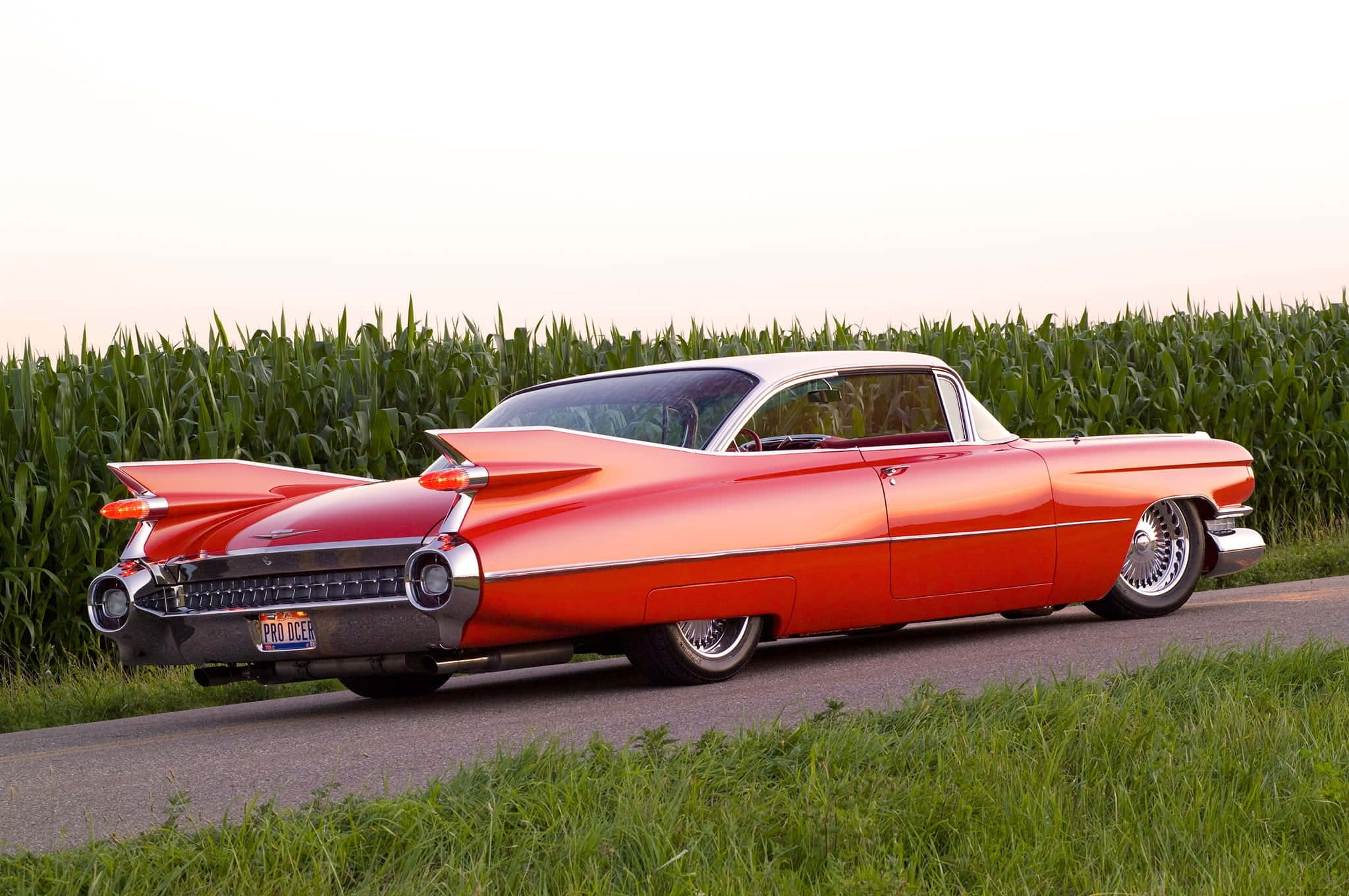 Cadillac Eldorado 桌布 壁紙 — 一輛充滿活力的橙色1959年凱迪拉克，帶有尾鰭，在日落時分沿著鄉村道路行駛，旁邊是高高的玉米田。