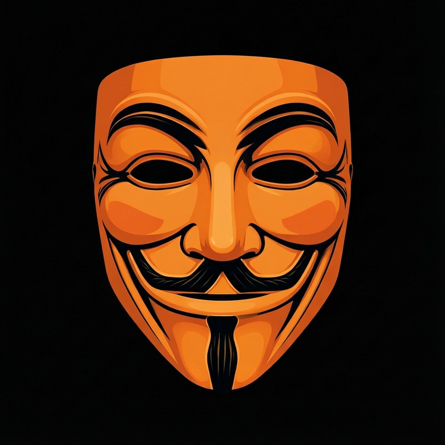 Iconic Symbol 壁紙 — 一個大膽的橙色蓋伊·福克斯面具，帶有黑色輪廓和山羊鬍鬚，在純黑色背景上微笑。