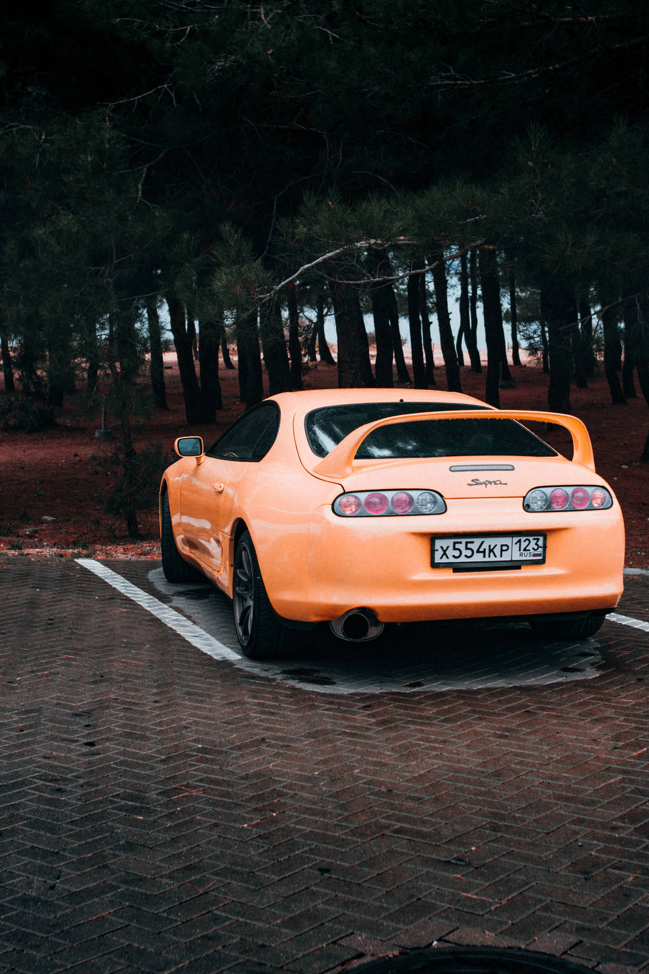 橙色跑車停放在森林中的磚砌車道上 — Toyota Supra 壁紙