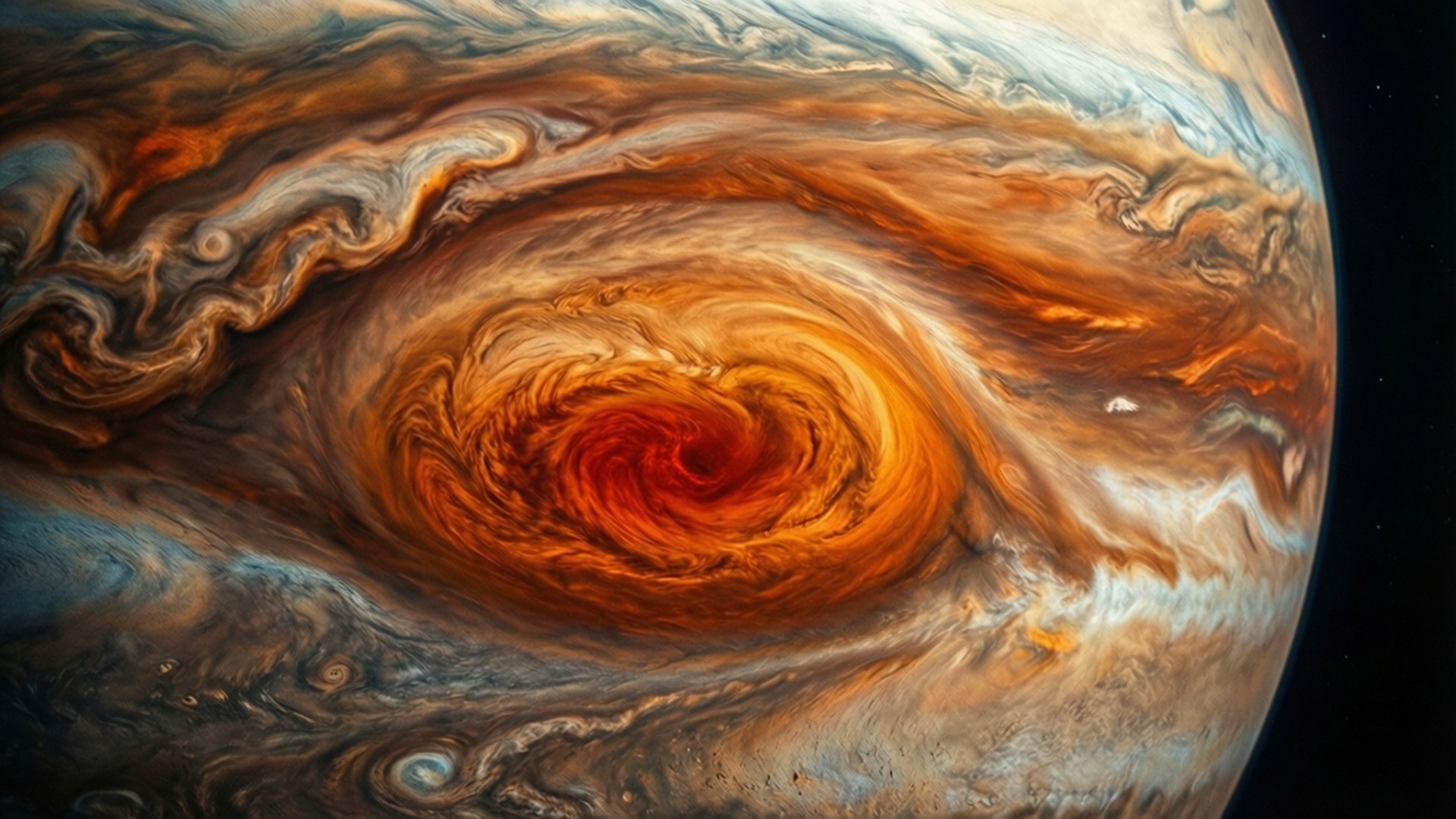 Great Red Spot Close-Up 壁紙 — 橙色、棕色和白色的雲層形成旋轉渦流，在漆黑的太空背景下主導著木星湍流的大氣層。
