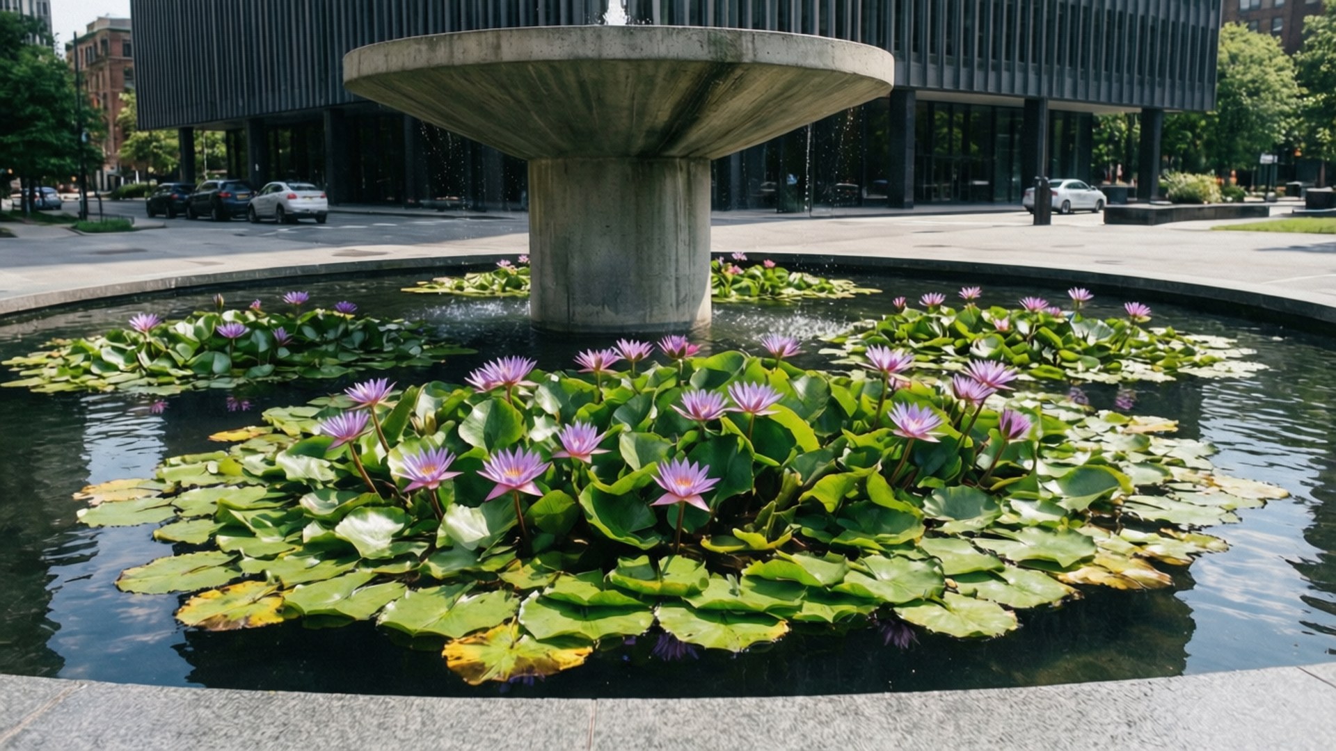Urban Oasis Lily 壁紙 — 城市廣場中的圓形混凝土噴泉，在明亮的日光下充滿了睡蓮和紫色花朵。