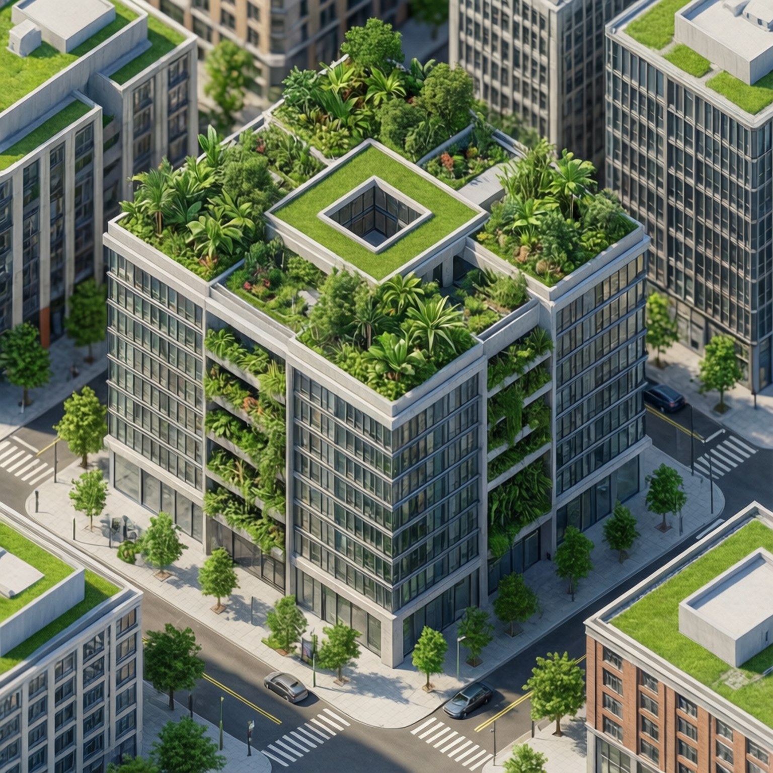 城市風景 桌布 壁紙 — 城市中一座現代玻璃摩天大樓的鳥瞰圖，覆蓋著茂密的綠色屋頂花園和垂直植物牆。