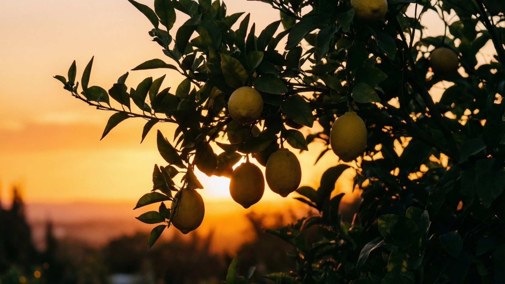 Lemon Tree at Sunset 壁紙 — 成熟的檸檬掛在樹枝上，在溫暖的金色日落天空襯托下形成剪影。