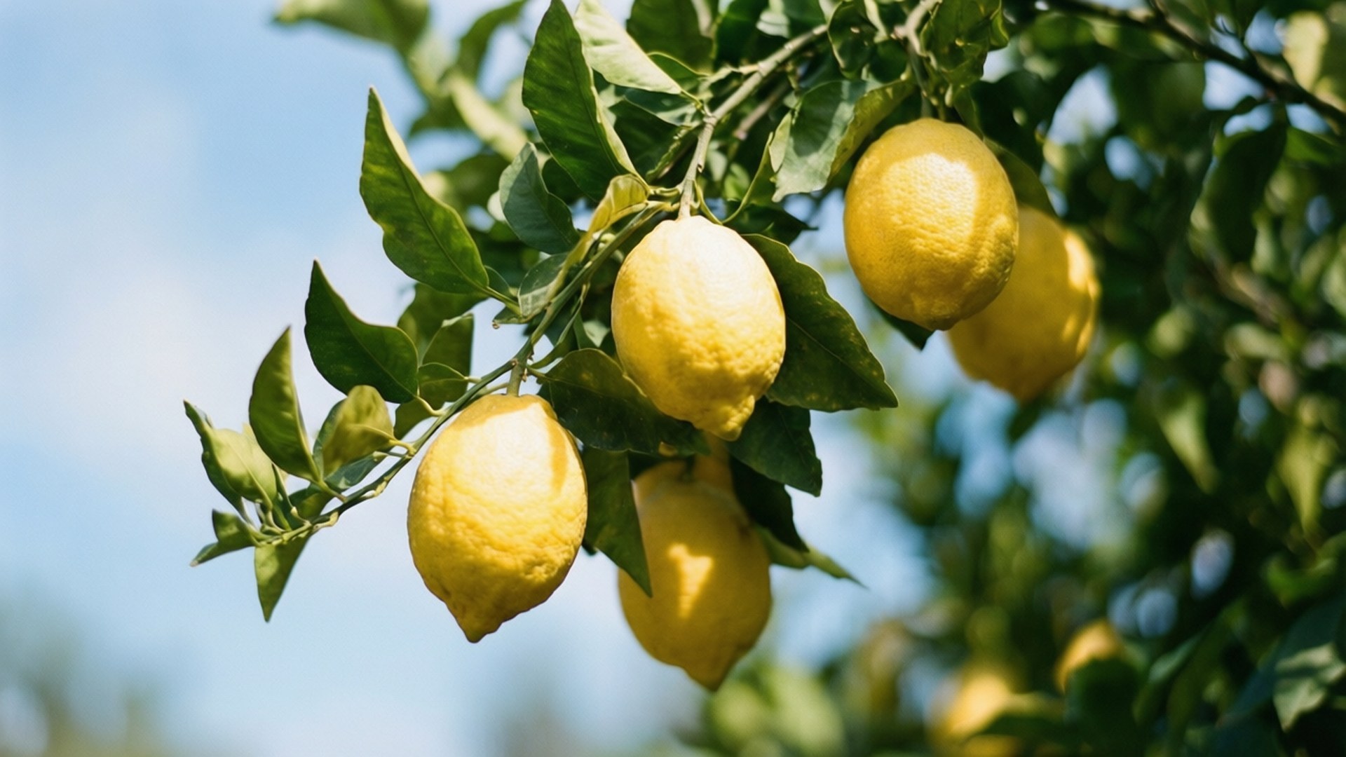 Lemon Branch in Summer 壁紙 — 成熟的黃色檸檬掛在綠葉茂盛的樹枝上，背景是明亮的藍天。