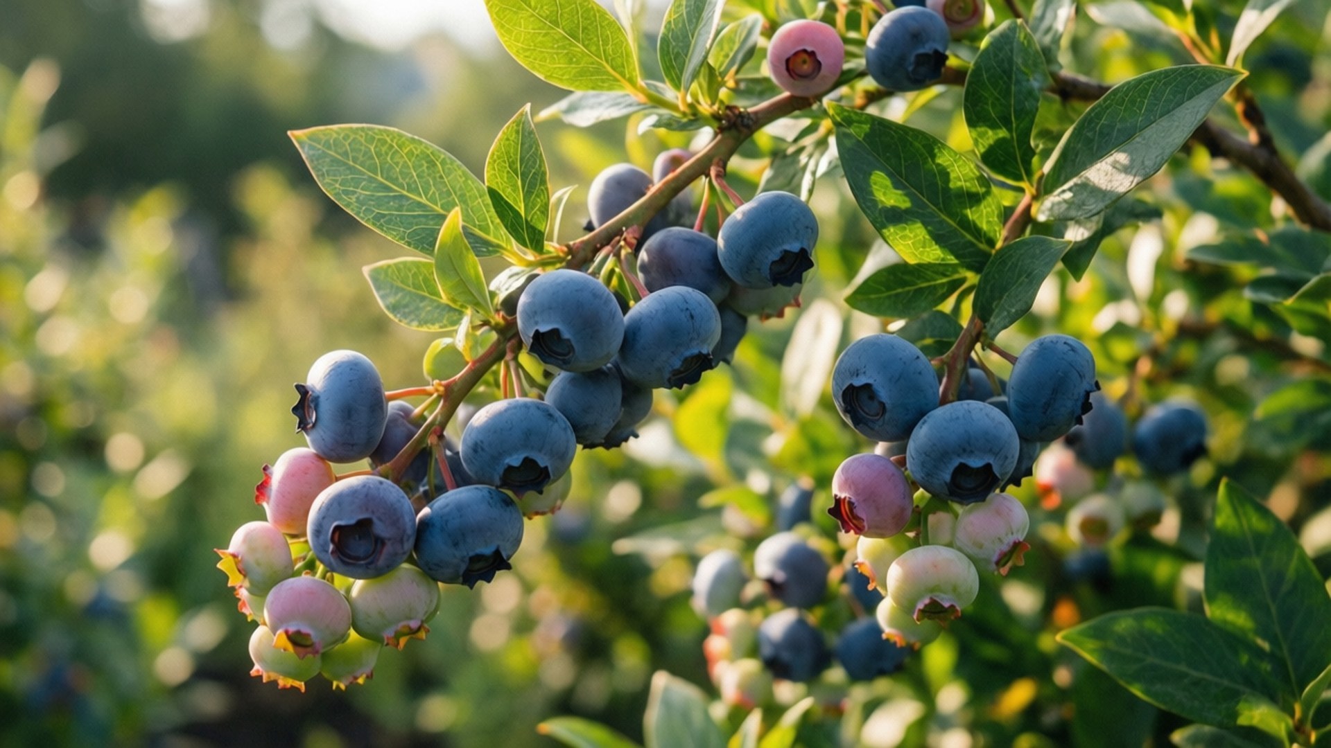 Sunlit Blueberry Bush 壁紙 — 成熟的藍莓在陽光照耀的樹枝上簇生，襯著綠葉和柔和散景背景。