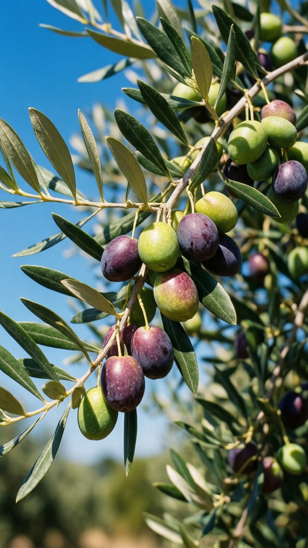 Ripe Olives in Sunlight 壁紙 — 成熟和未成熟的橄欖密集地掛在陽光普照的橄欖枝上，襯著清澈的藍天。