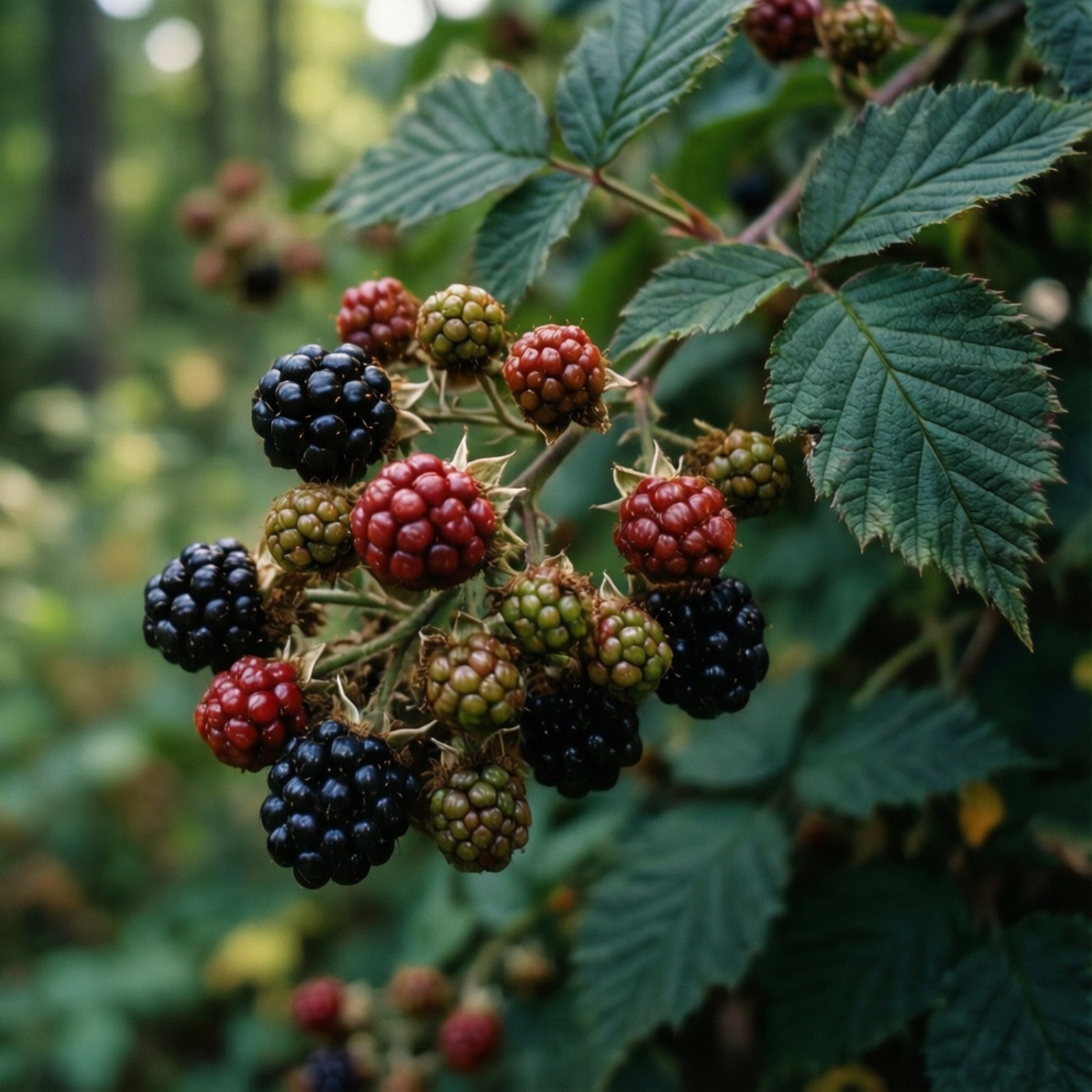 Blackberry Bush 壁紙 — 成熟和未成熟的黑莓在藤蔓上簇生，帶有鋸齒狀的綠葉，背景是柔和的森林。