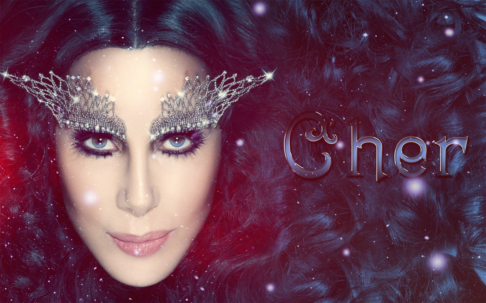 Celebrity 桌布 壁紙 — Cher 戴著閃閃發光的皇冠狀眼妝，背景是宇宙紅藍色。