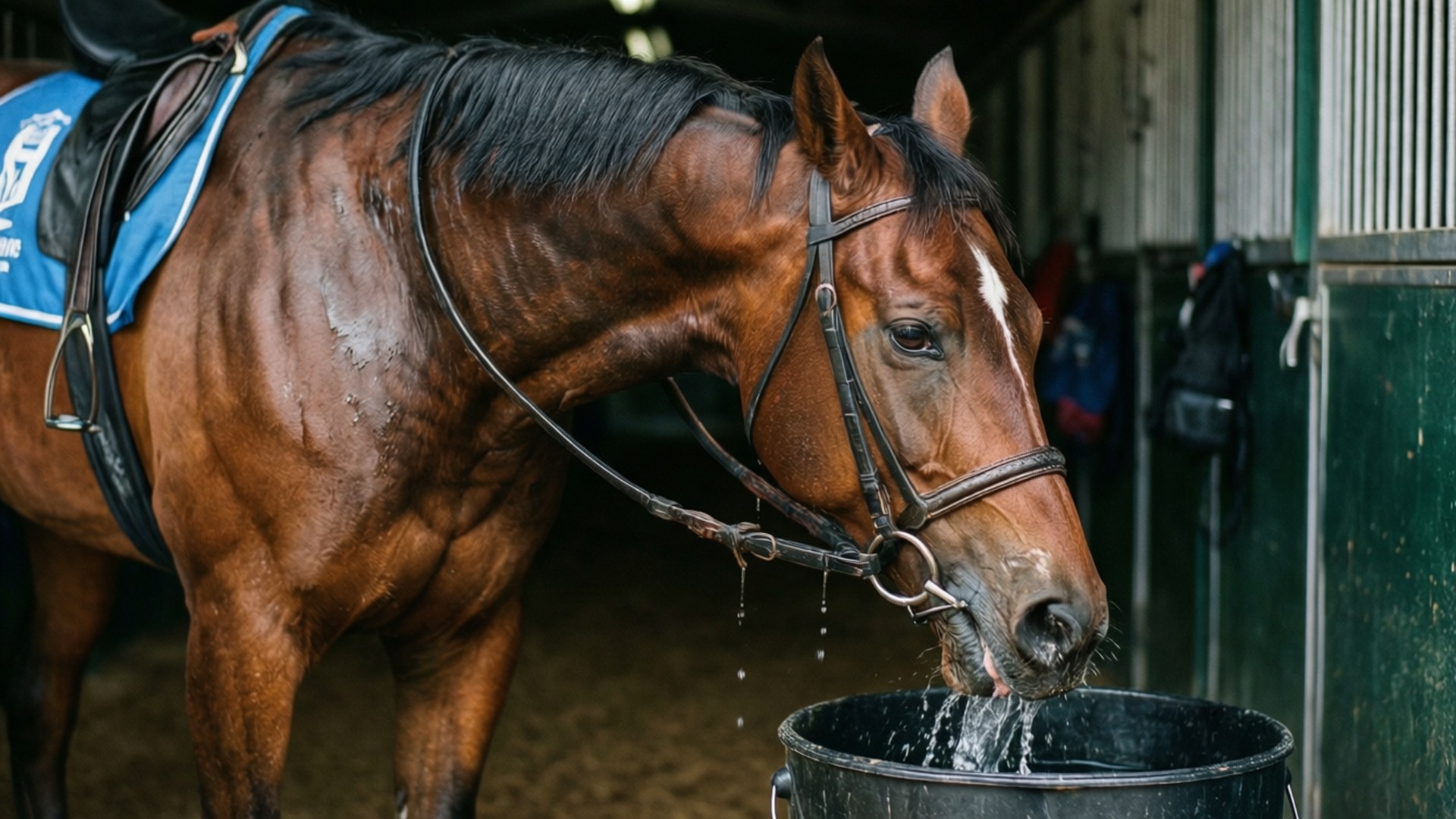Derby Aftermath 壁紙 — 一匹栗色賽馬，額頭有白色星紋，在馬廄中戴著藍色鞍布和韁繩，從黑色水桶中飲水。