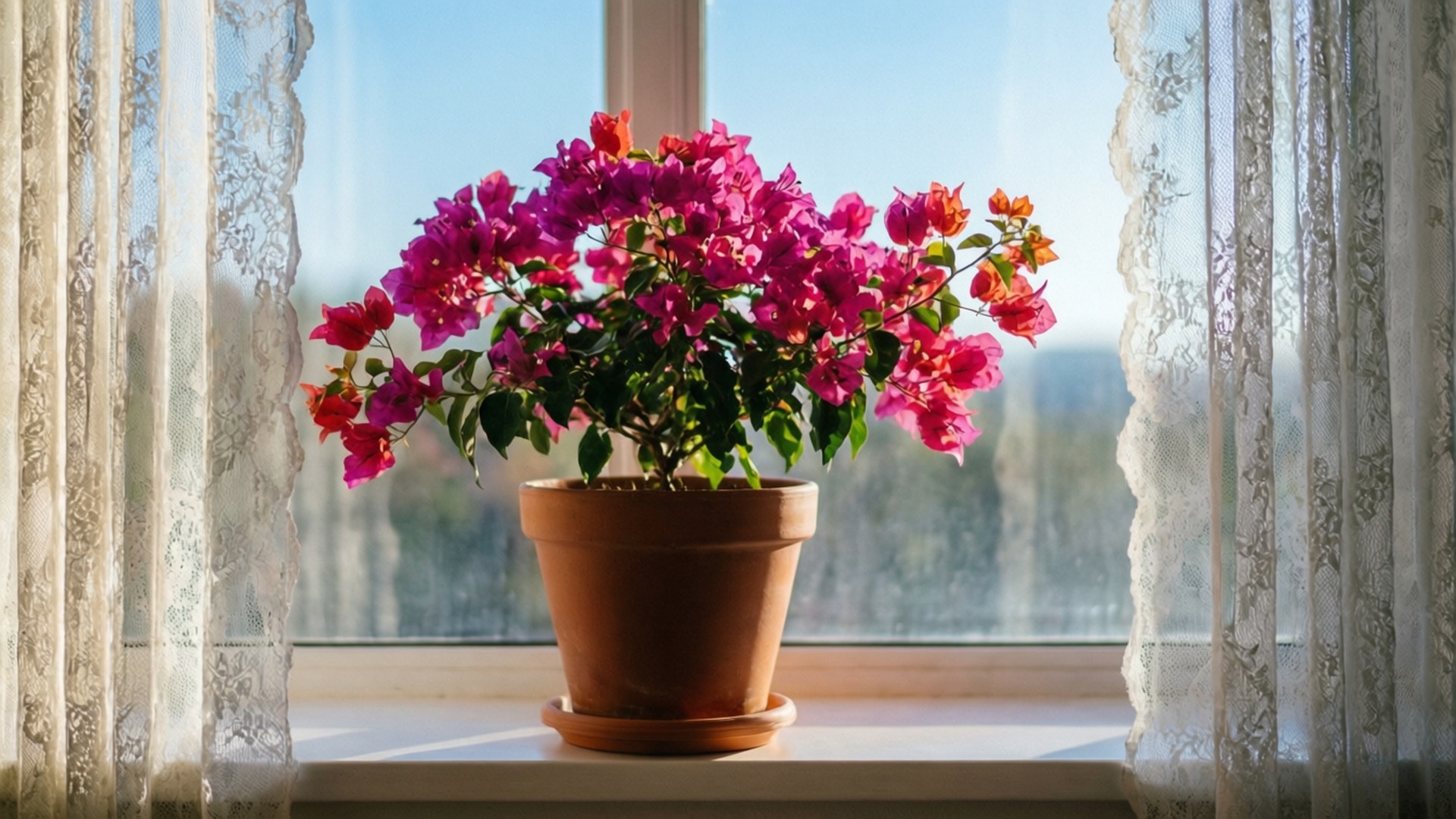 Windowsill Bougainvillea Morning 壁紙 — 一個赤陶花盆盛滿鮮豔的粉紅色九重葛，放在陽光普照的窗台上，窗框飾有精緻的蕾絲窗簾。