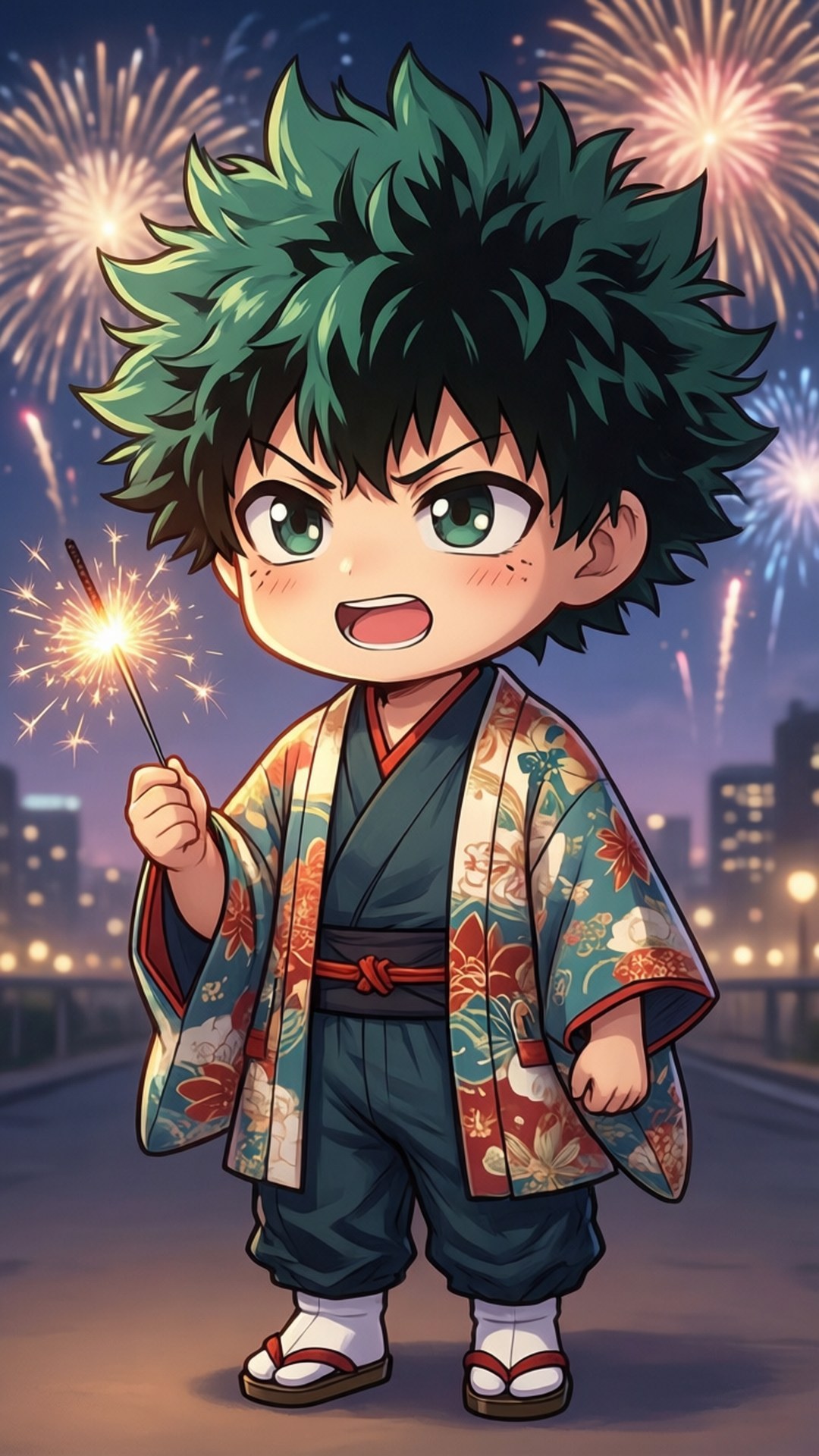 Bakugou Festive Sparkler 壁紙 — 一個帶有尖刺綠色頭髮的Q版動畫男孩，在色彩繽紛的煙火照亮夜空下，手持閃閃發光的煙火。