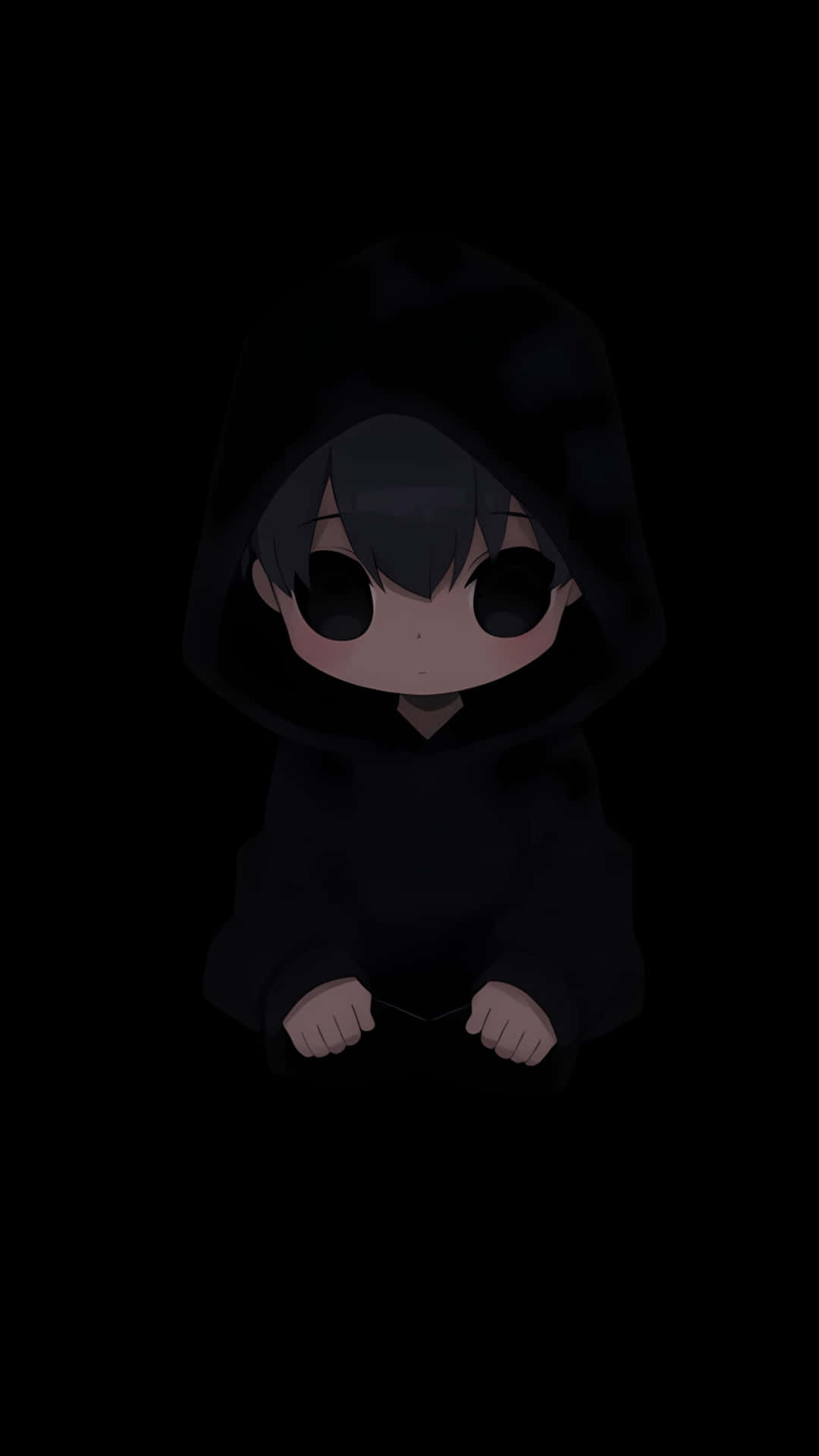 Cute Anime Boy in Black Hoodie Dark Background 壁紙 — 一個穿著黑色連帽衫的Q版動漫角色坐在完全黑暗中，有著大大的黑眼睛和小小的雙手合十。