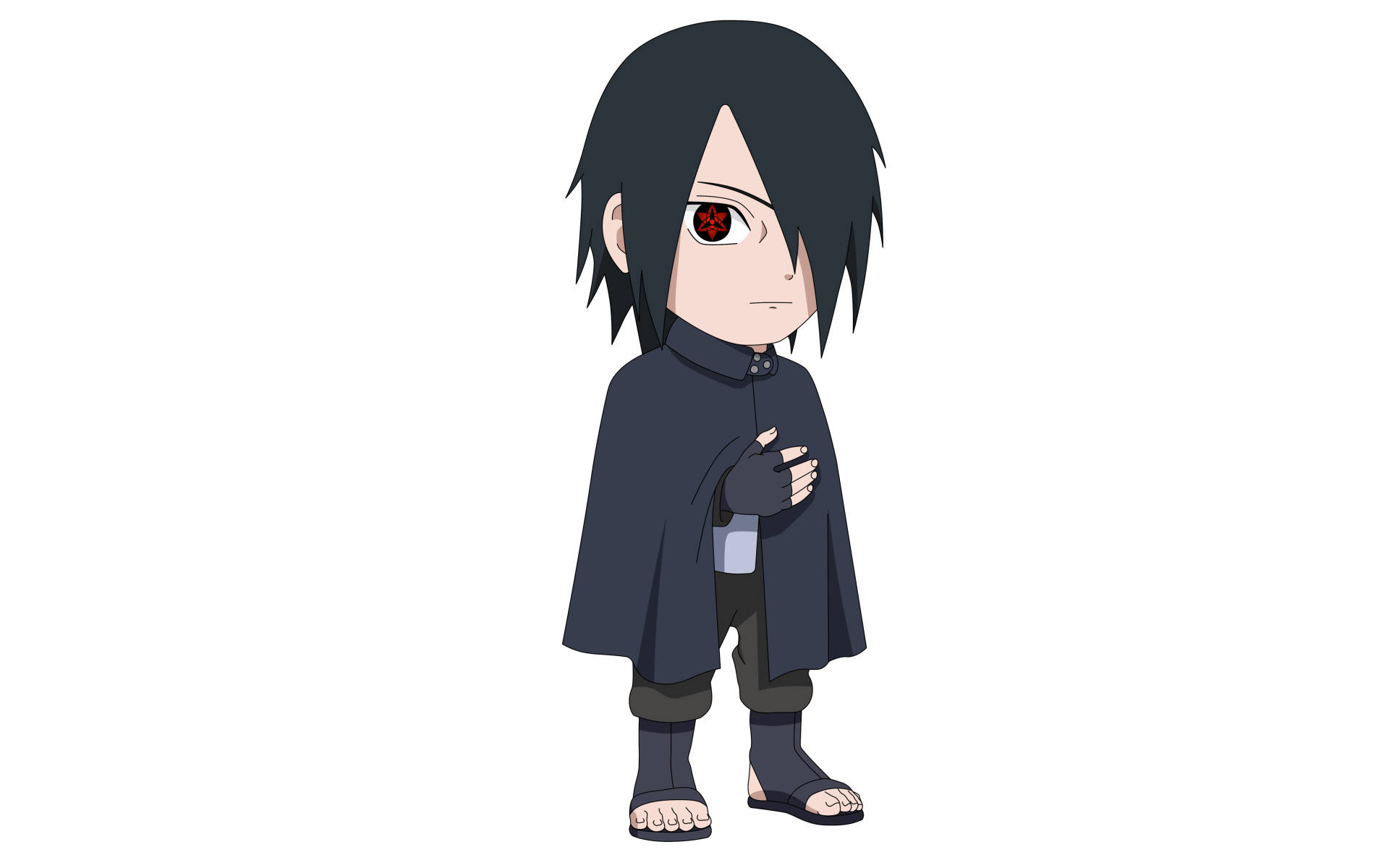 紅眼黑斗篷的Q版動漫忍者站立。 — Sasuke 壁紙