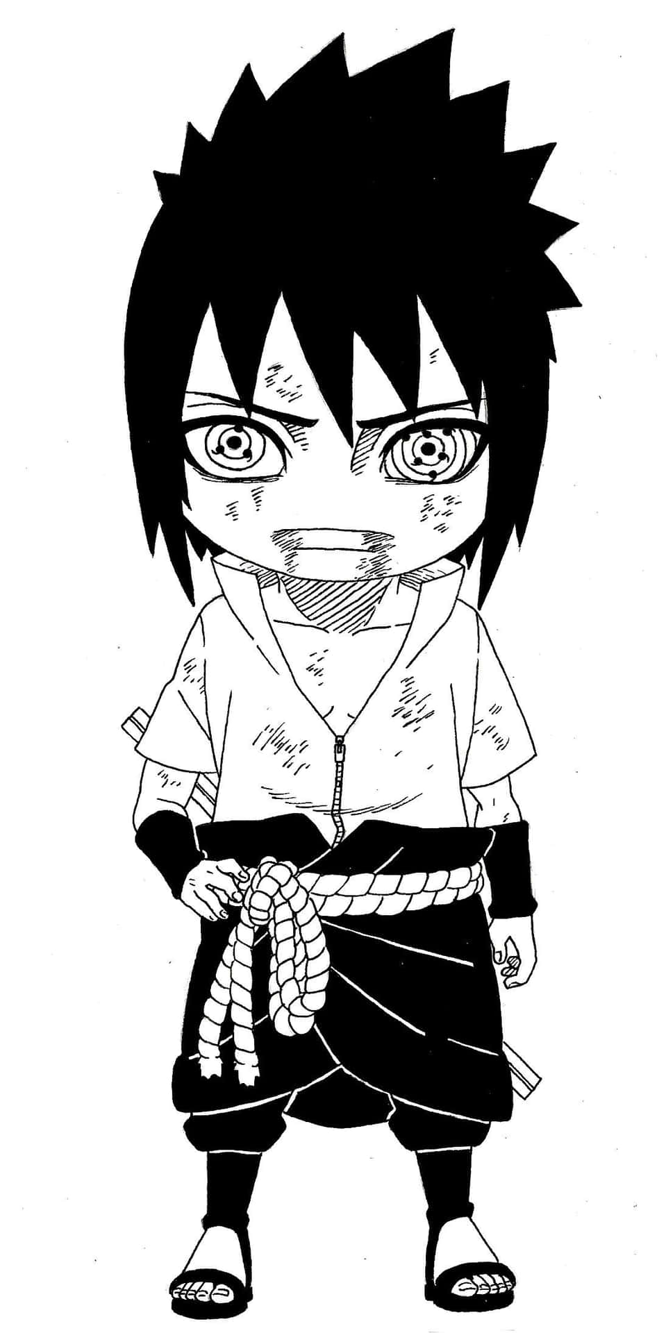 擁有尖刺頭髮和繩索腰帶的Q版動漫忍者站立。 — Sasuke 壁紙