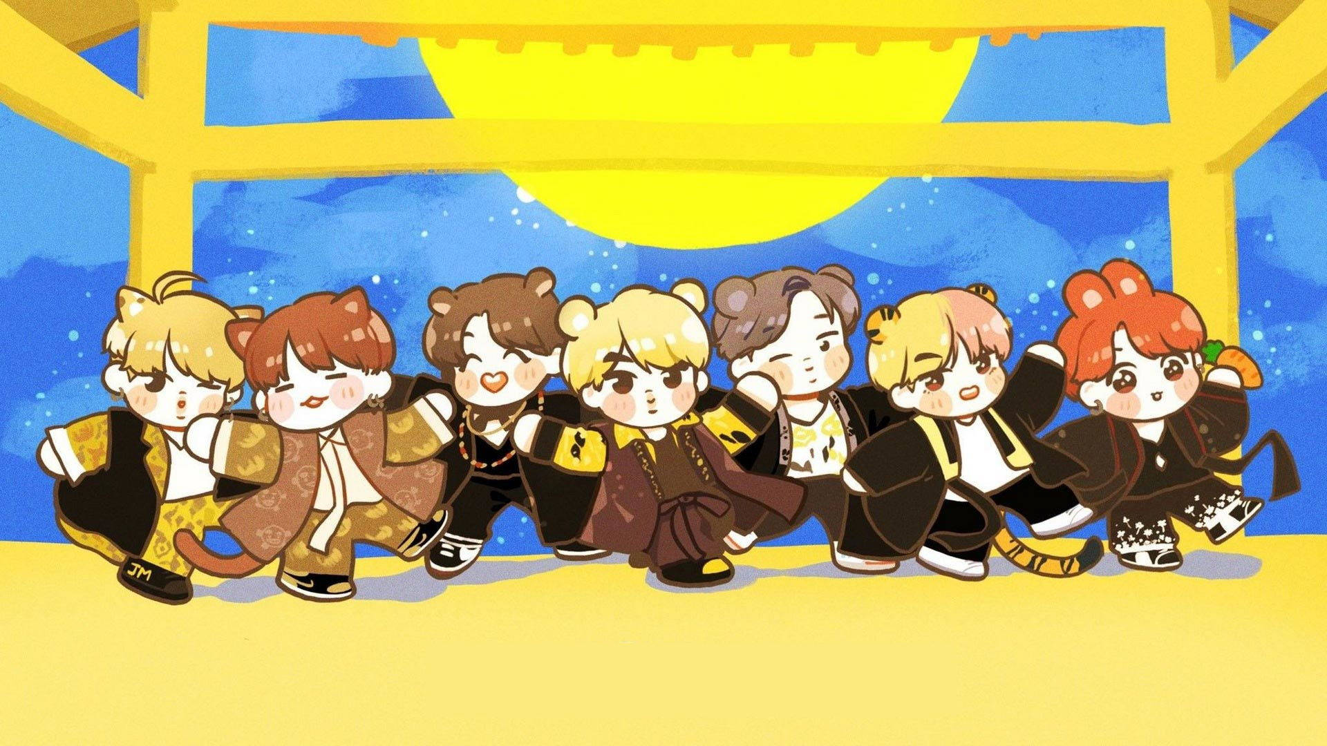 在黃色鳥居下穿著傳統日本服裝的Q版動漫角色。 — Bts 壁紙
