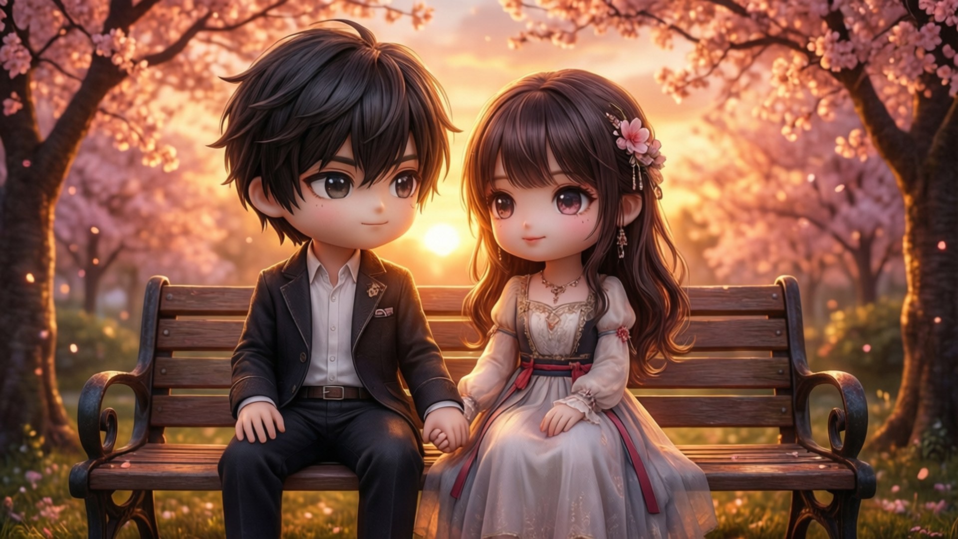Cherry Blossom Romance 壁紙 — 夕陽下，一對Q版動漫情侶在盛開的櫻花樹下的木長椅上牽手。