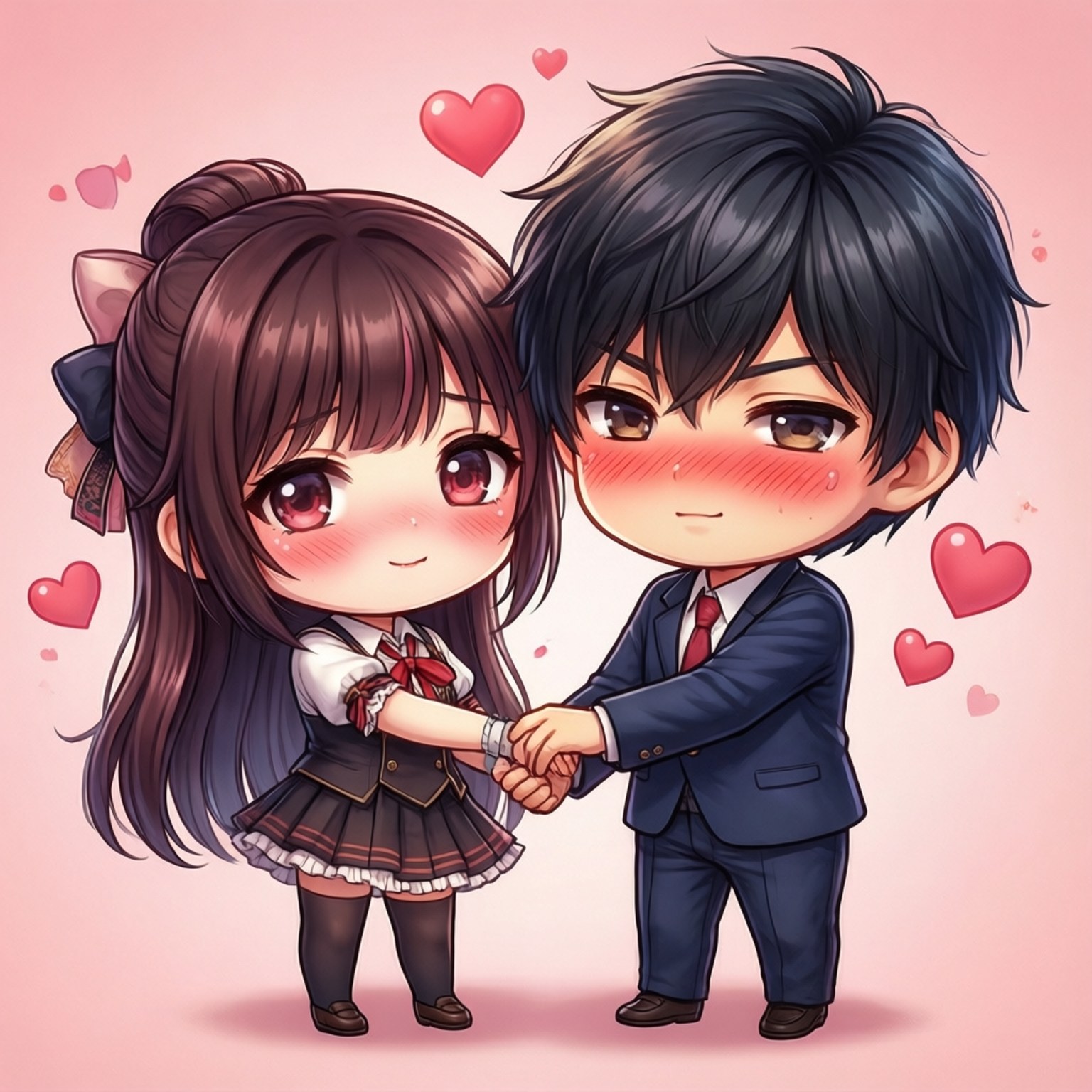 Chibi Love 壁紙 — 一個穿著校服的Q版動漫情侶，臉紅並牽著手，周圍漂浮著愛心，背景是柔和的粉紅色。